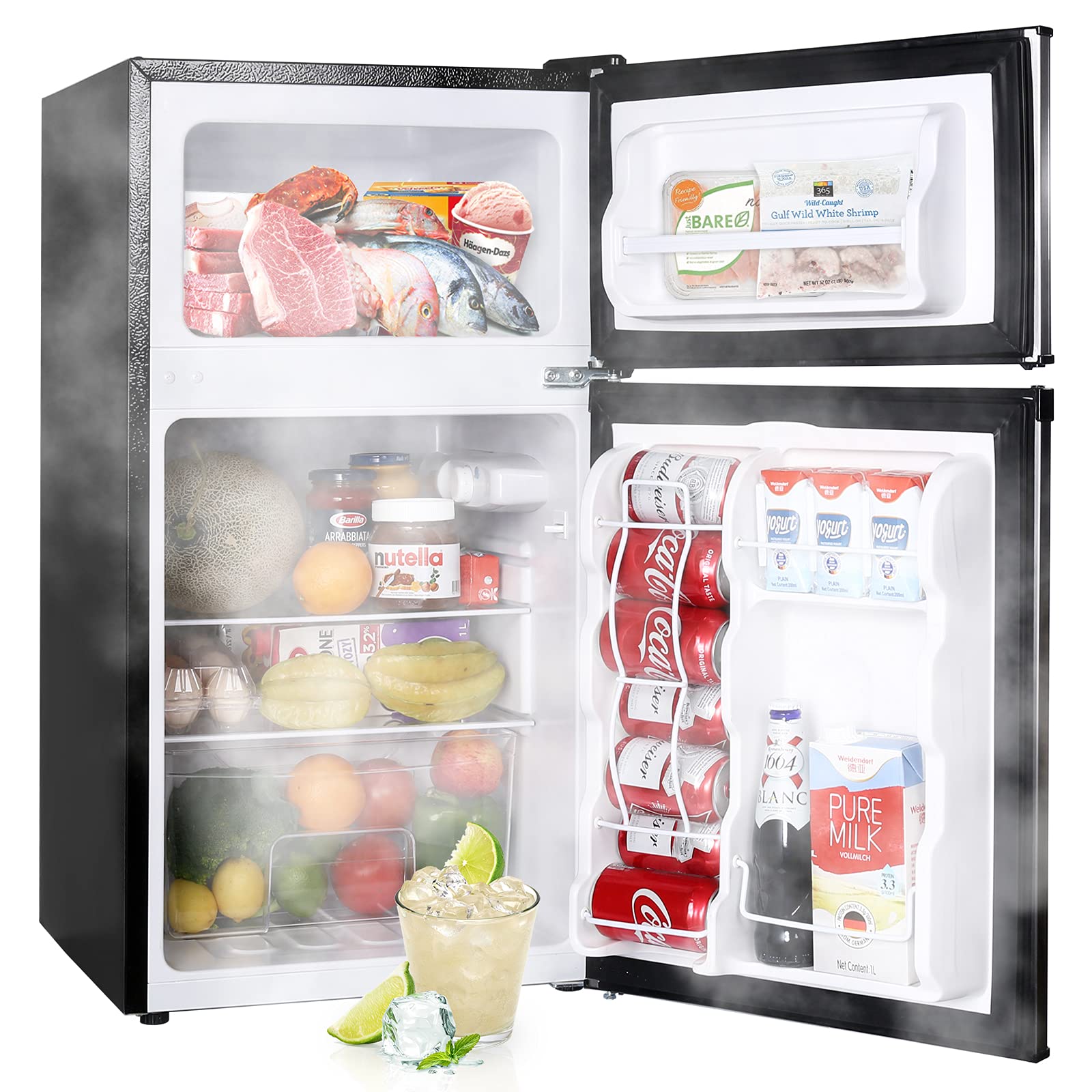 Upstreman 3.2 Cu.Ft Mini Fridge with Freezer, Stainless Steel 2 door