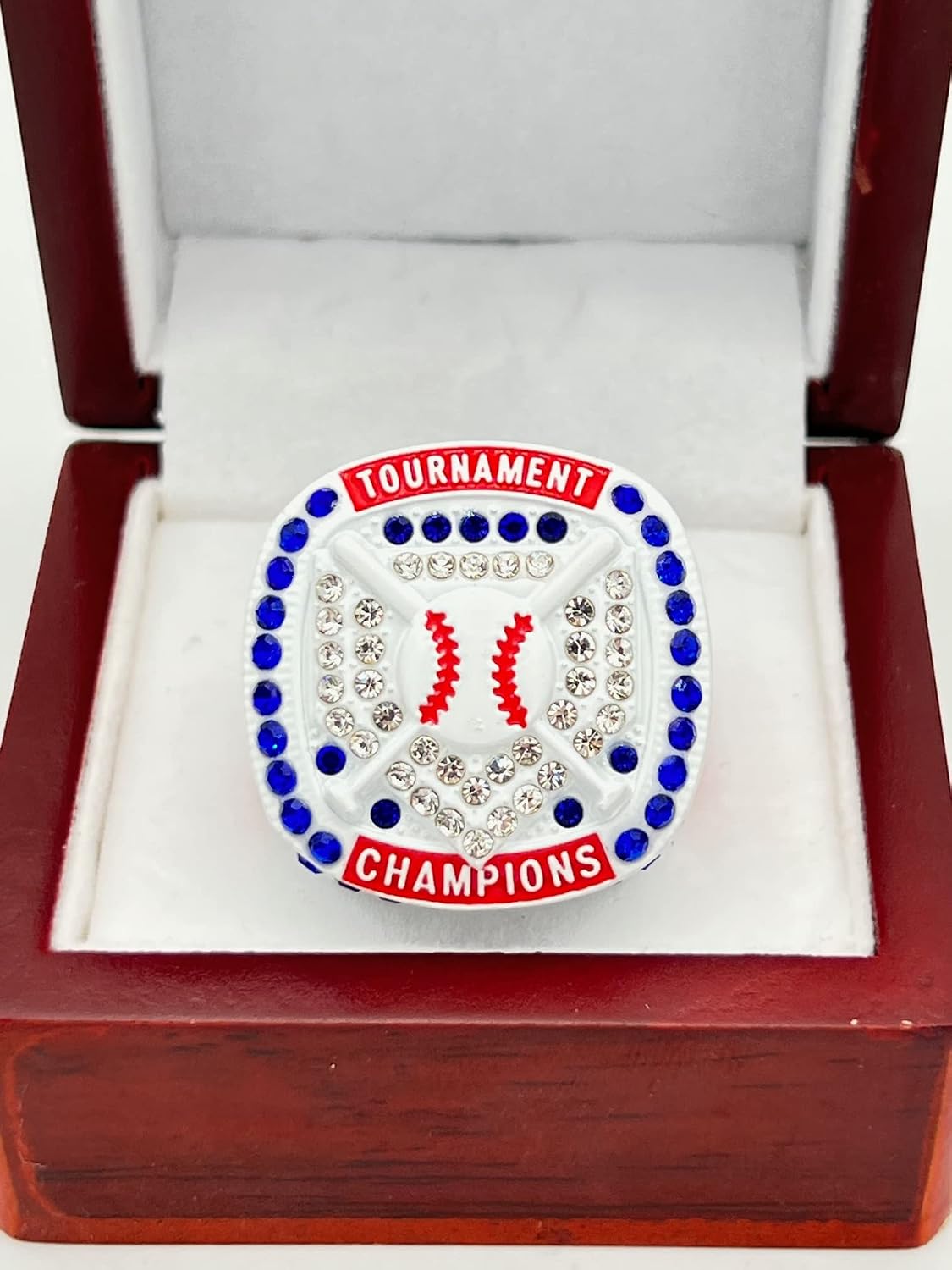 Discount Sports Rings HOME PLATE CHAMPION RING — WHITE BODY, BLUE STONES, RED SIDES, NATIONAL Premium Softball Baseball Ring/Player/Team Awards/Tournament Ring 10-8