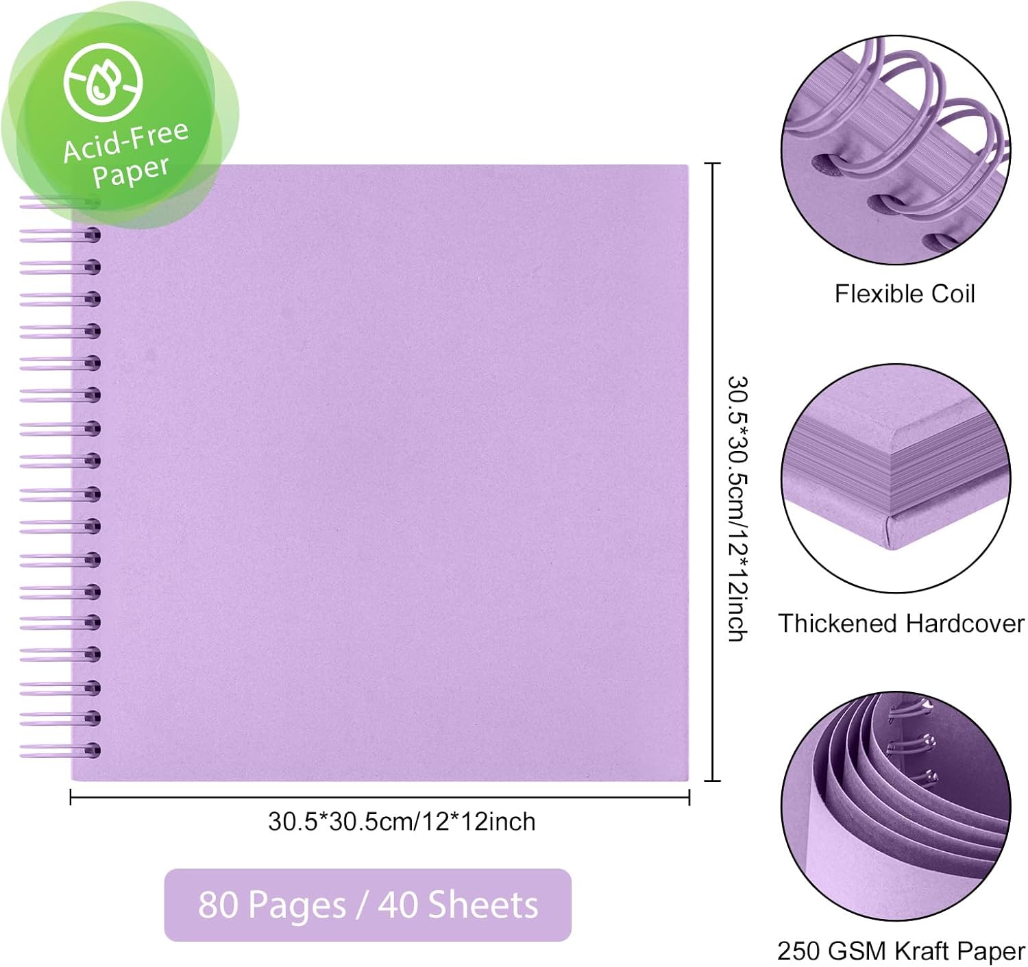 AIOR DIY Scrapbook 12x12 Inch, 80 Pages Hardcover Kraft Paper Blank Album, Purple Scrapbook for Couple, Baby, Wedding, Family