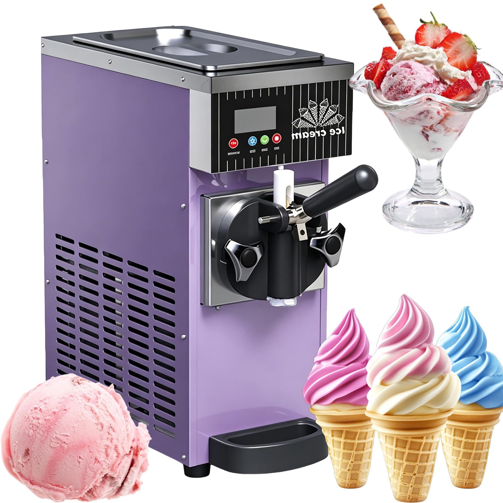 Máquina de helado suave para uso doméstico, comercial, ideal para cafeterías y tiendas de helados.(Purple)