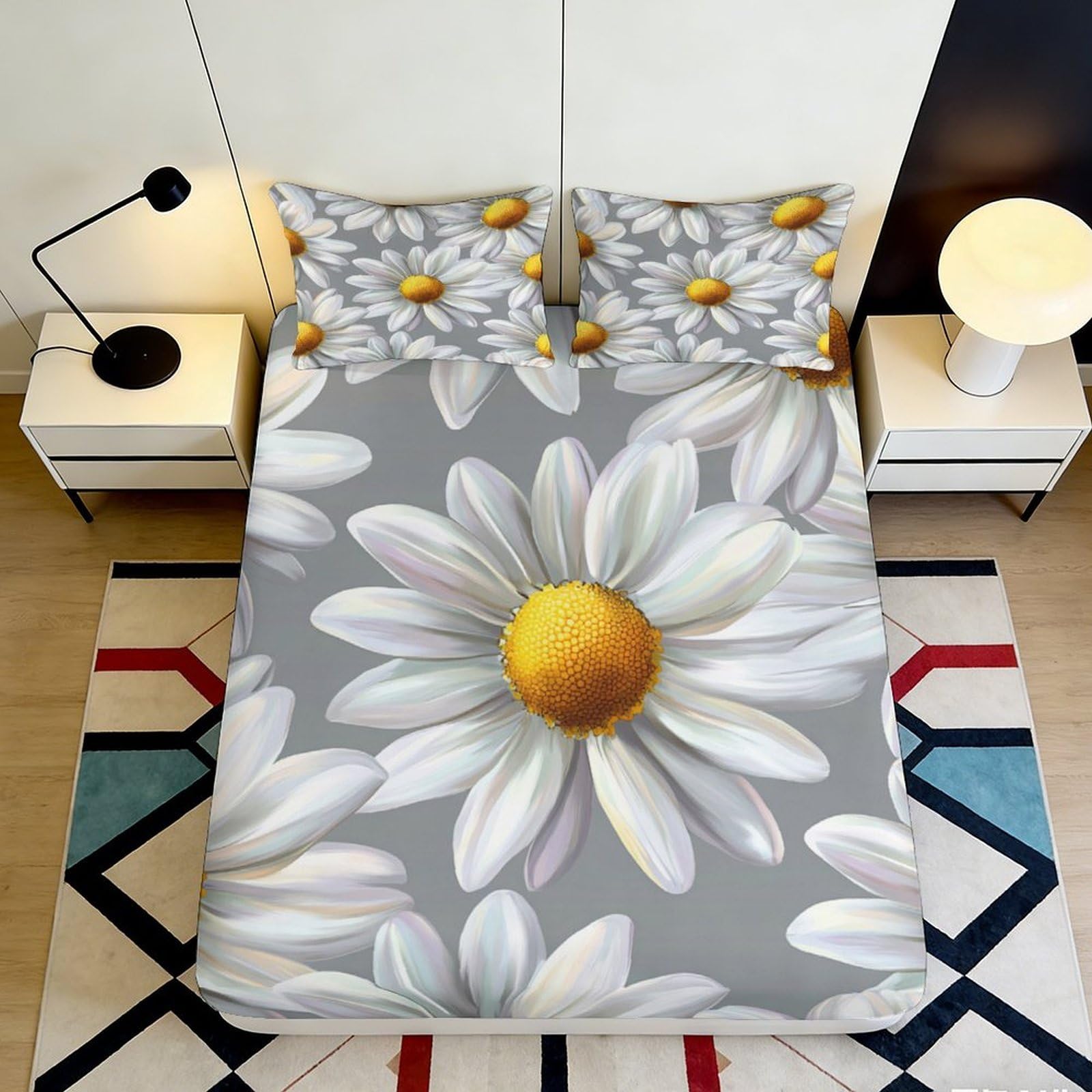 3D Printed Daisy Fitted Sheet Microfiber Soft Breathable Floral Bed Cover with Mattress Protection for Bedroom Dormitory Guest Room 160x200x25cm