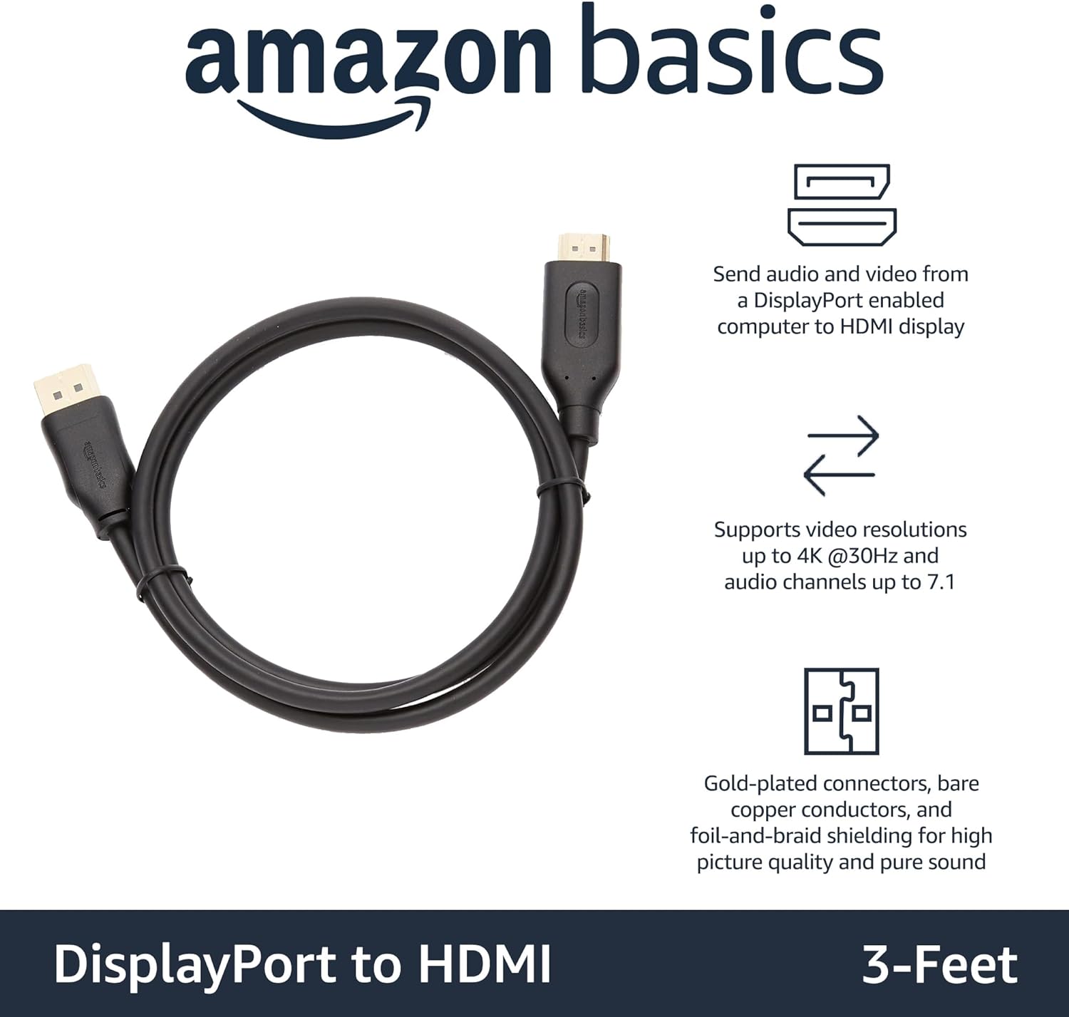 Basics DisplayPort to HDMI Display Cable, Uni-Directional, 4k@60Hz,  1920x1200, 1080p, Gold-Plated Plugs, 3 Foot, Black