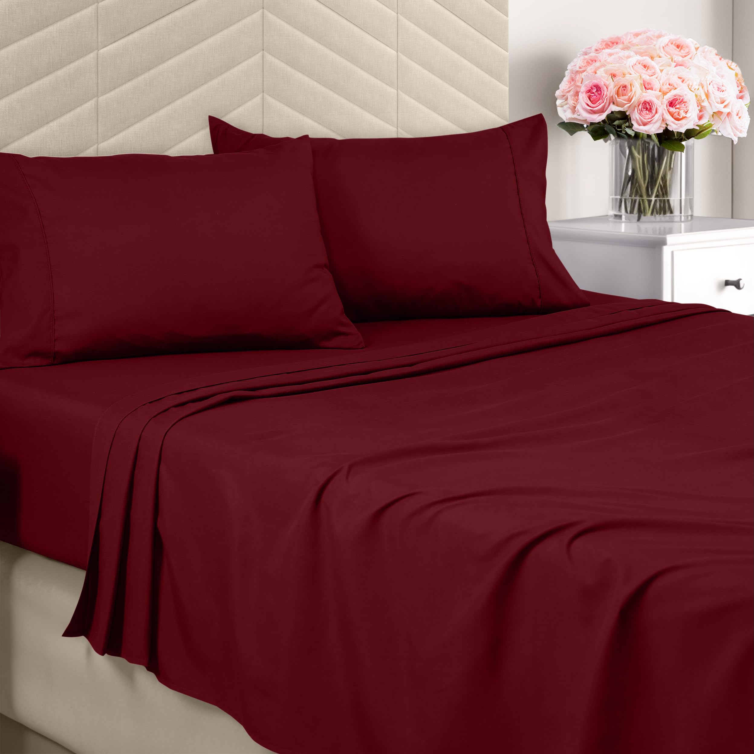 Utopia Bedding Queen Sheet Set - Brushed Microfiber - Soft Bed Sheets for Queen Size Bed Set - Includes 1 Fitted, 1 Flat, & 2 Pillow Cases - Deep Pocket (Burgundy)