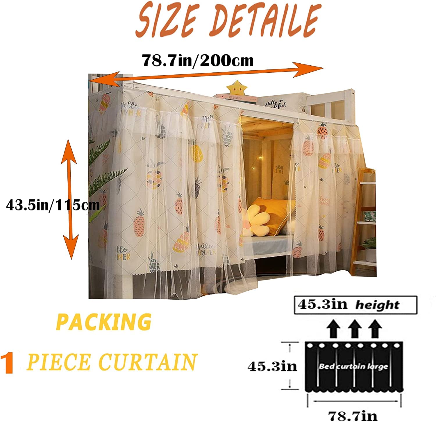 IDAHSOR 2 Panel Bottom Bunk Bed Curtains Cloth Breathable Bed Canopy Students Curtain Shading Nets for Single Bed (Pineapple) - Image 2