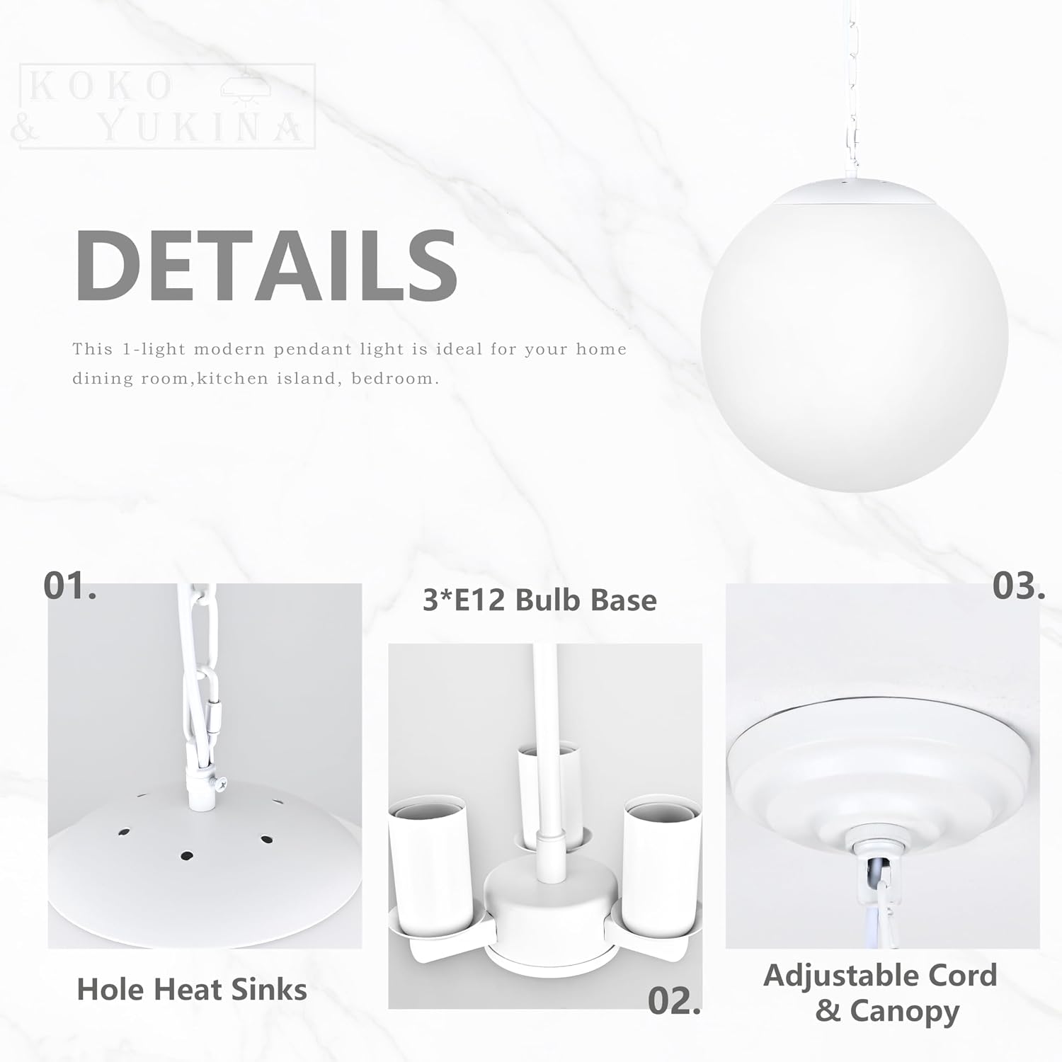 KoKo&Yukina 14 Inch Globe Pendant Light Adjustable White Globe Pendant Lights Kitchen Island Mid Century Light Fixture with Milky White Glass Shade for Living Room image 4