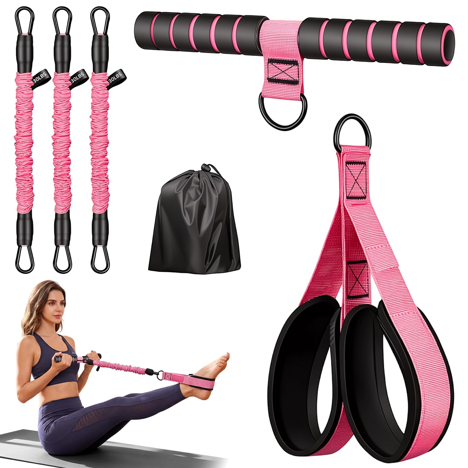 Pedal Resistance Band with Handle, Pink, Upgraded 3 Tubes 90LBS