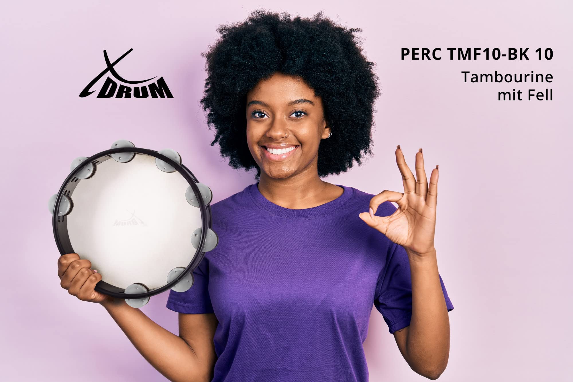 XDrum TMF10-BK Tamburello 10" con Pelle, Diametro: 10" (25, 4 cm) | 4 cm), 16 coppie di jingles in acciaio inox, Doppia fila, Pelle naturale selezionata, Cornice in acero nera, Altezza: 5, 5 cm