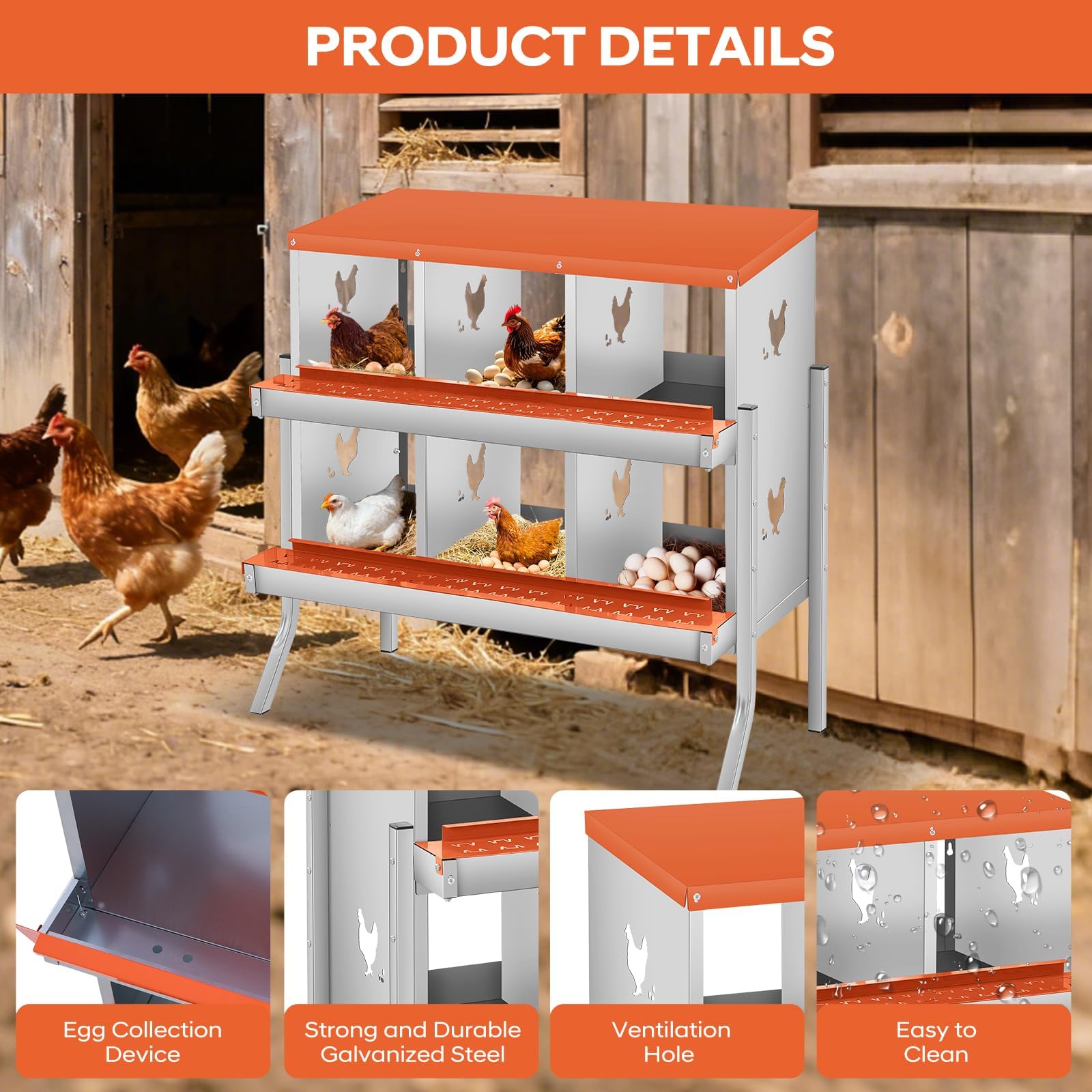 Garvee Scatola nido per galline in acciaio zincato antiruggine - 6 griglie ZW, due livelli, vassoio rimovibile - Fori di ventilazione, montaggio a parete - Rosso