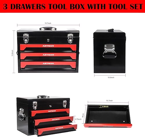 Miniatura 2 de Juego de 339 piezas de herramientas de metal resistente, caja de herramientas con asa, 3 cajones y almacenamiento superior, caja de herramientas con