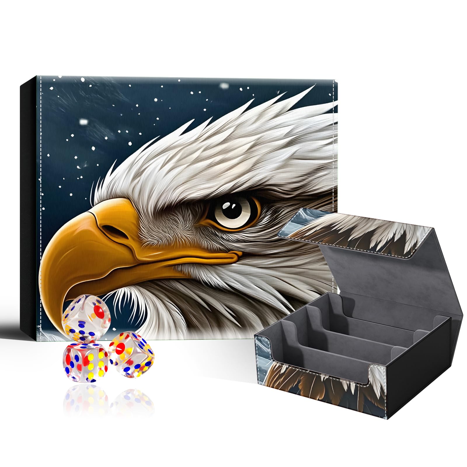 VOGDMKJG Trading Card Deck Box Fit 1800+ Single Sleeved Cards,PU Leather Magnetic Closure Card Storage Box With 3 Dice For MTG/TCG/PTCG/Magic/Sport Card Storage Case Large 3 ROW Design Snow Eagle