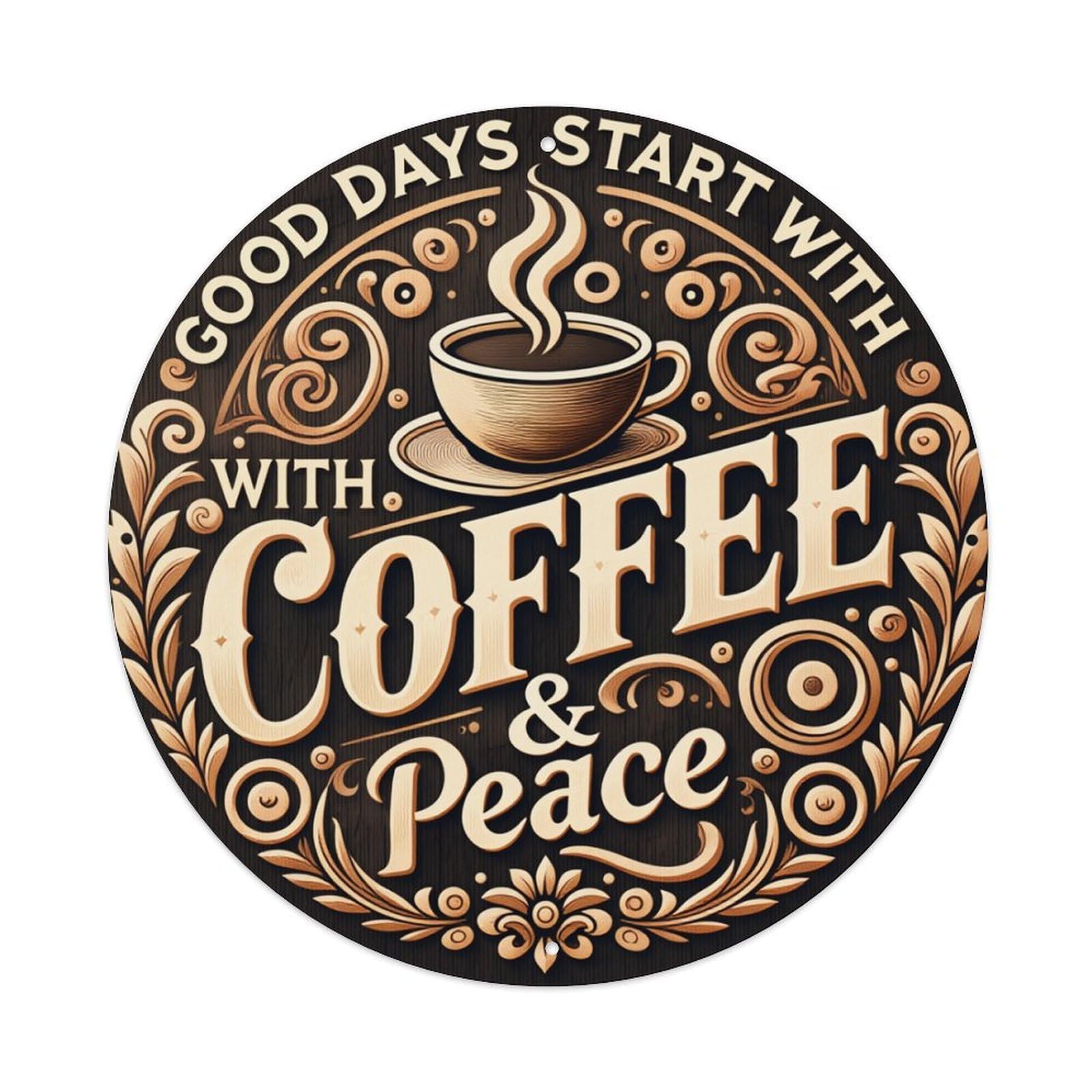 Coffee Cup Steam Leaves Pattern Round Tin Sign Retro Metal Sign for Cafe Bar Pub Home Game Room Gym Club Wall Decoration Vintage Metal Poster 8x8 Inch