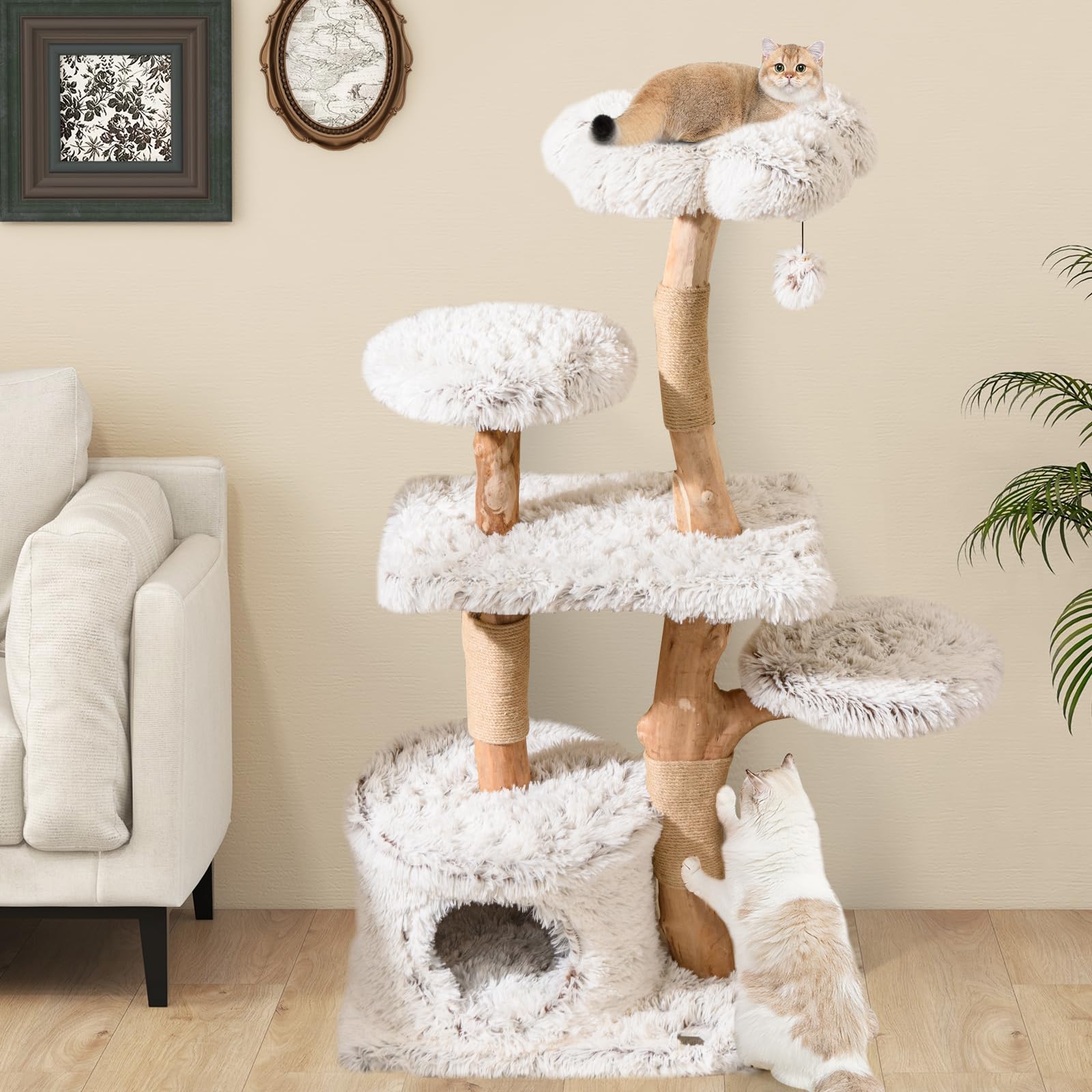 COSTWAY Tiragraffi per Gatto Alto 135 cm, Albero Tiragraffi in Legno di Pero Naturale con Grotta e 6 Piani, Torre per Gatti Imbottito in Peluche con Corde Juta e Pompon, Bianco