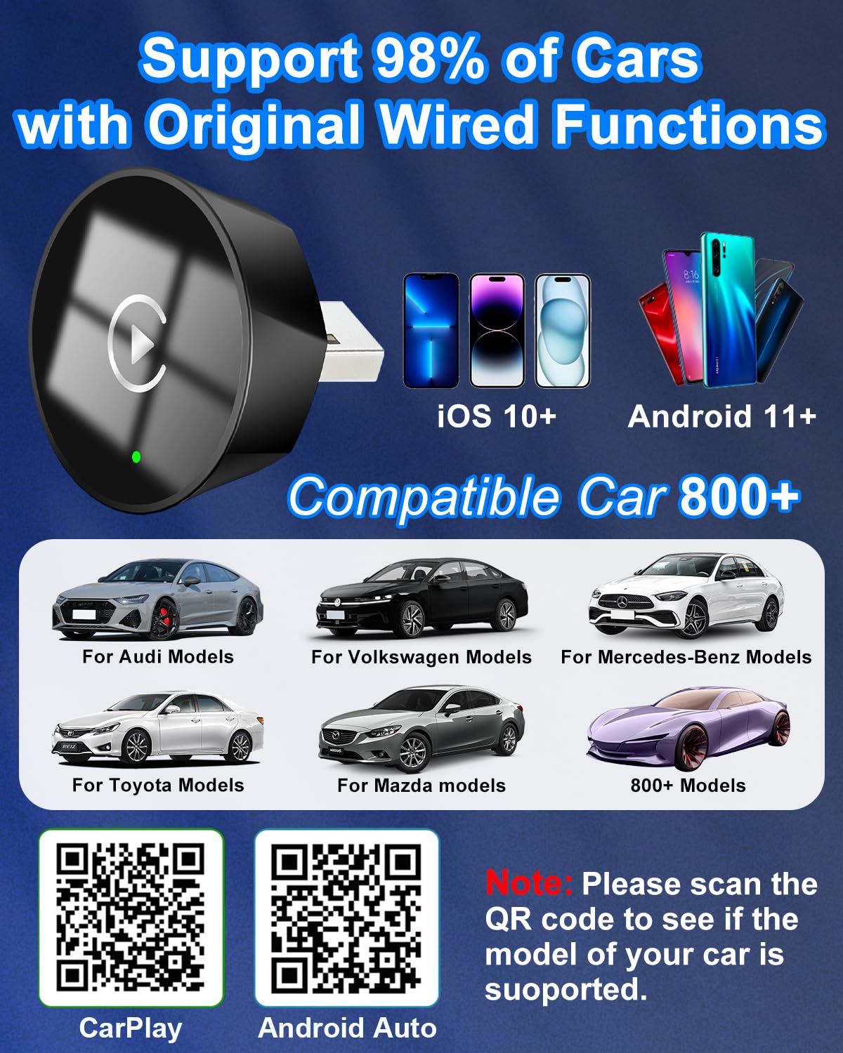 Mini bezprzewodowy adapter samochodowy do fabrycznie zainstalowanych systemów pojazdów, Plug & Play adapter USB C do pojazdów z przewodowym CarPlay/Android Auto (od 2016), WLAN BT 5.2, kompaktowa