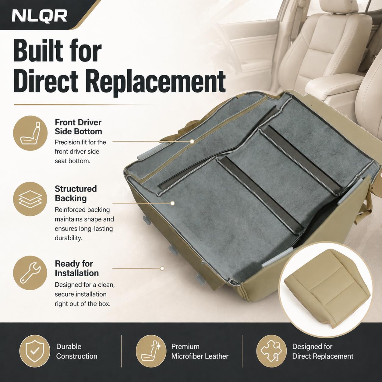 NLQR Front Driver Side Bottom Replacement Seat Cover Compatible with Honda Accord 2008 2009 2010 2011 2012 Tan Microfiber Leather
