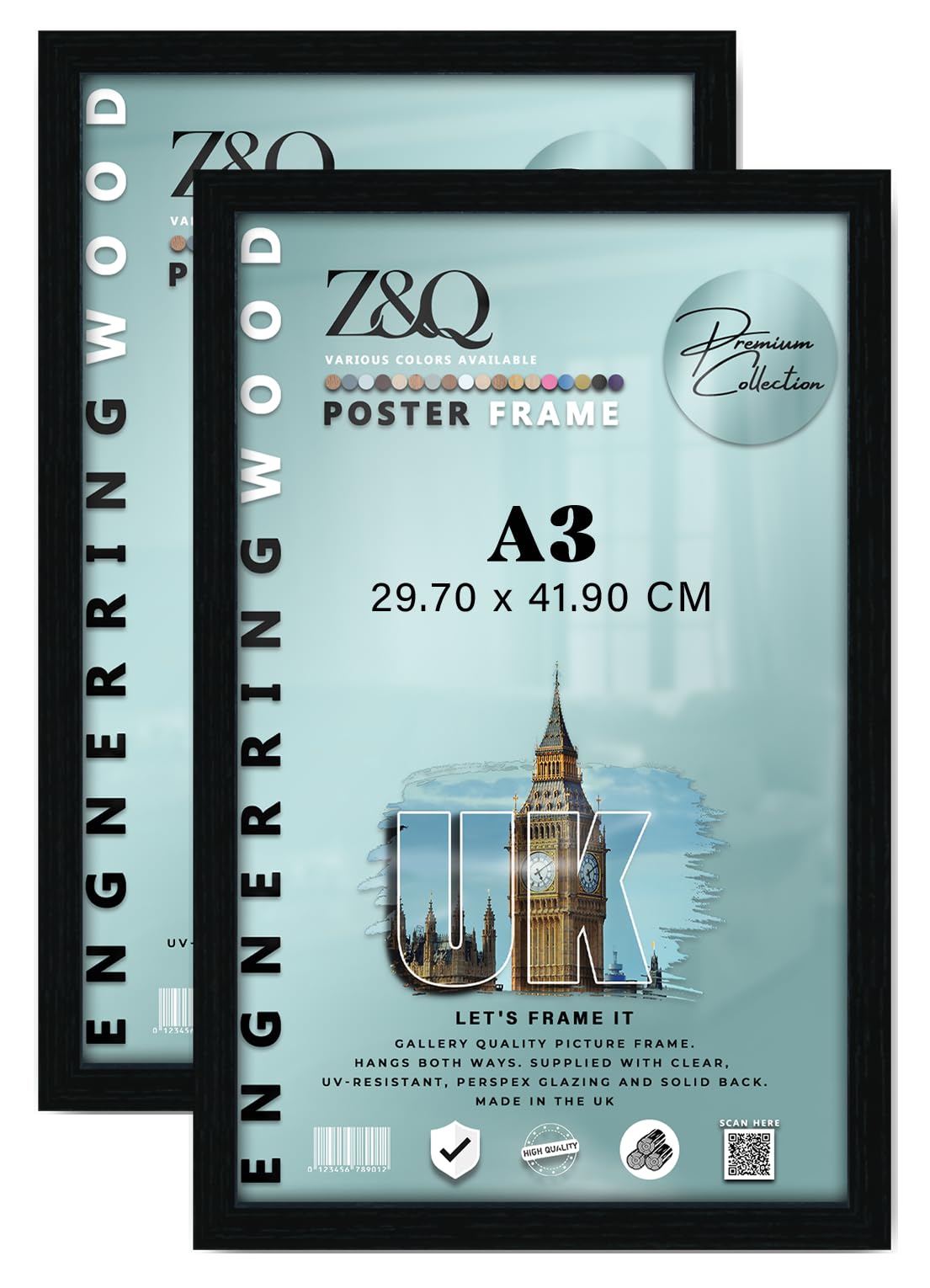 Z&Q pack of 2 Premium MDF Picture Frame A3 (29.70 x 41.90 CM) Classic Wood Texture, Hanging Design 16 Inch x 11 Inch Certificate & Art Display, 297 x 419 mm [ Black ]