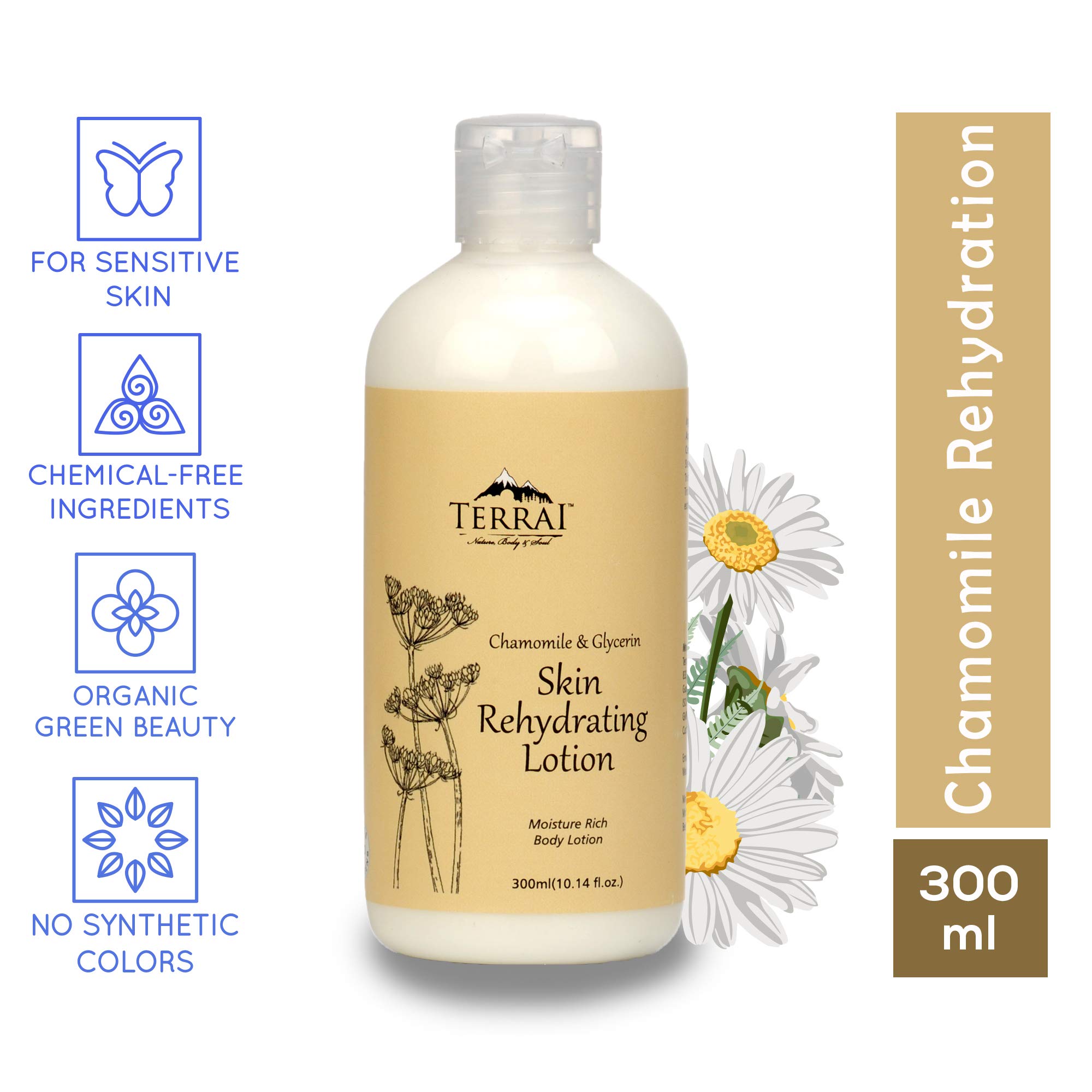 Terrai Stress Relief Nourishing Body Lotion | with Chamomile Essential Oil, Glycerine & Aloe Vera | Hydrating, Lightweight Moisturizer for Women & Men | For All Skin Types (300ml)
