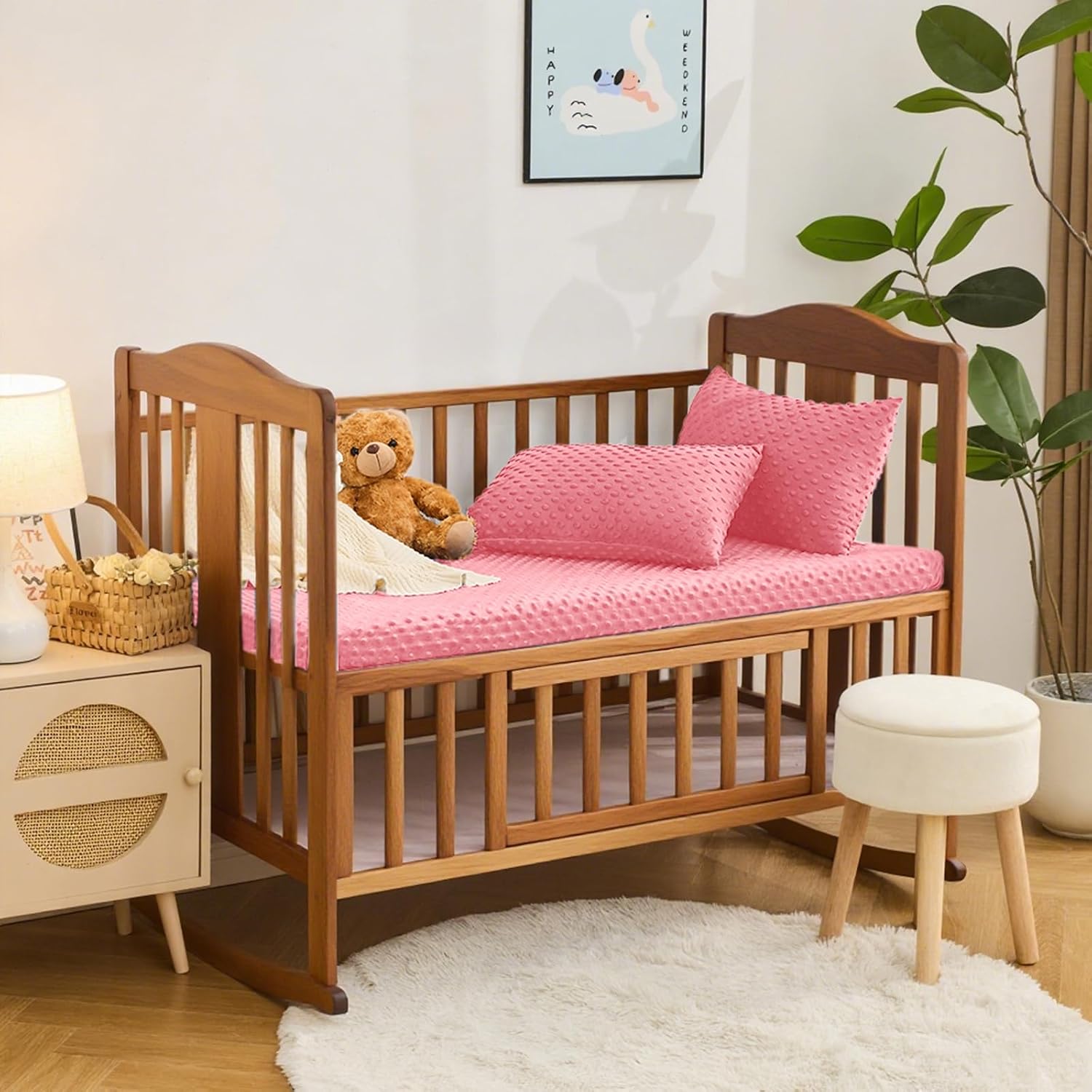 Entisn Minky Dot Fitted Crib Sheet 28x52 Inch 2 Pack, Fleece Nursery, Pink