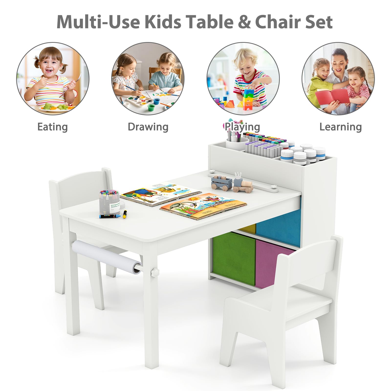 LIFEZEAL Kindertisch mit 2 Stühlen, Kinder Spieltisch und Stühle Set mit Papierrollen und 4 Stoffablagekörben, kindersitzgruppe Aktivitätstisch zum Malen, Schreiben für Mädchen & Jungen (Weiß)