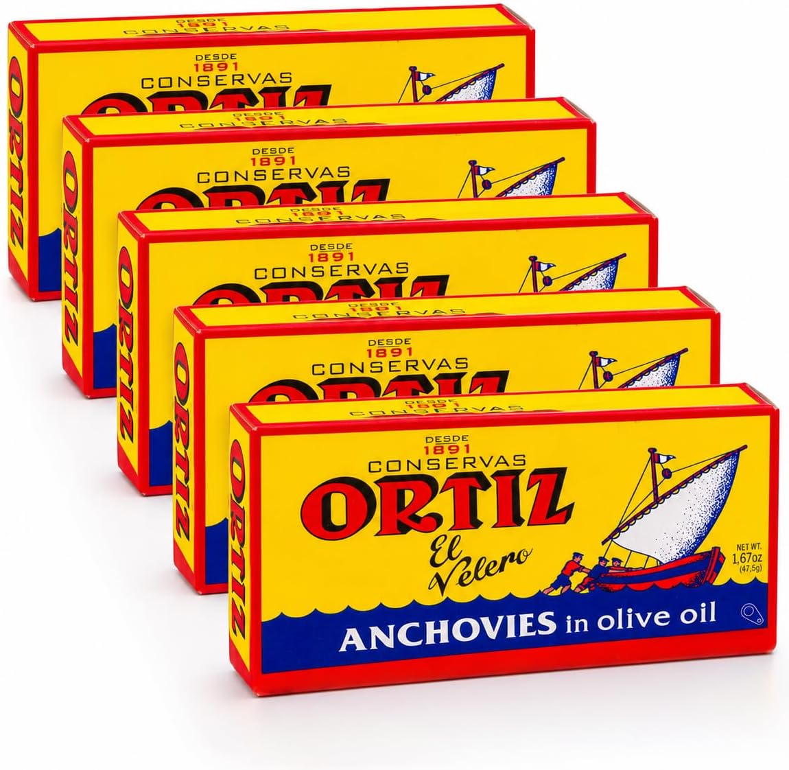 Ortiz Anchovies in Extra Virgin Olive Oil, Firm Buttery Fillets with a Rich Umami Taste, Wild Caught in Spain, Great for Pizza, Pasta and Caeser Salad, 1.67oz Can (Pack of 5)