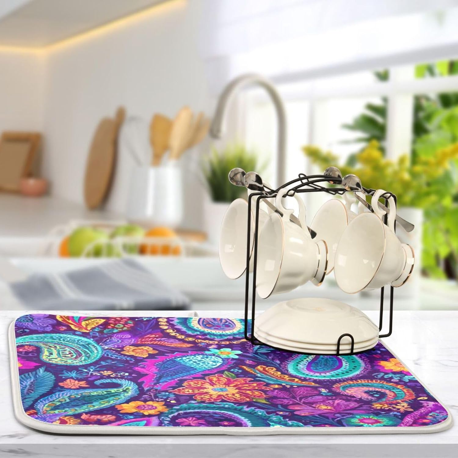 Kcldeci Indian Bohemian Mandala Dish Drying Mat Absorbent Reversible Microfiber Drying Mat Colorful Boho Floral Pattern Paisley Machine Washable Dish Drying Pad for Kitchen Counter Large 18x24 inch image 5