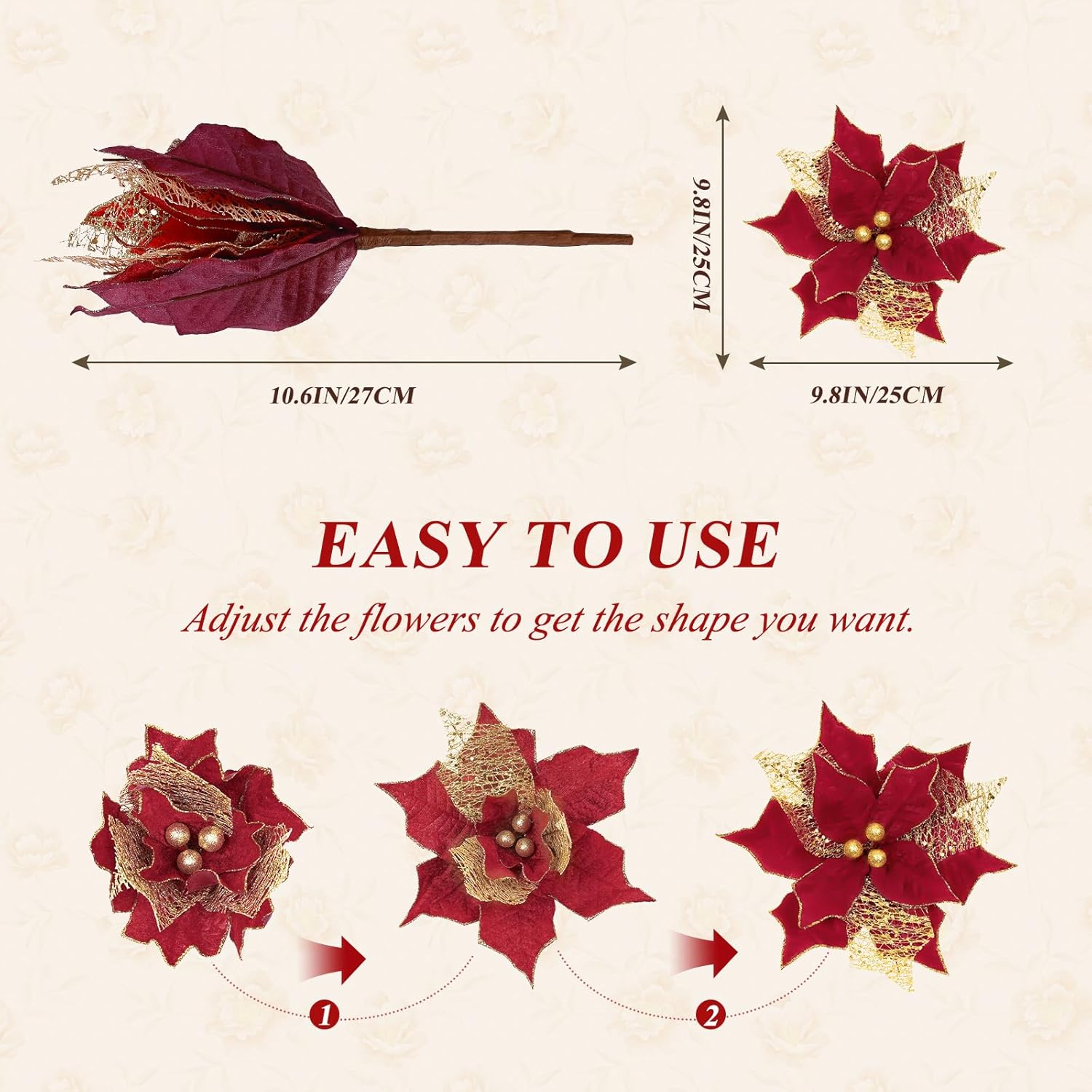 Alupssuc 30 PCS Poinsettia Christmas Flowers Artificial, Large Size 9 Inch Glitter Poinsettia Flowers Artificial, Sparkling Christmas Decorations for Xmas Tree Party Wreath Fireplace, Red Gold