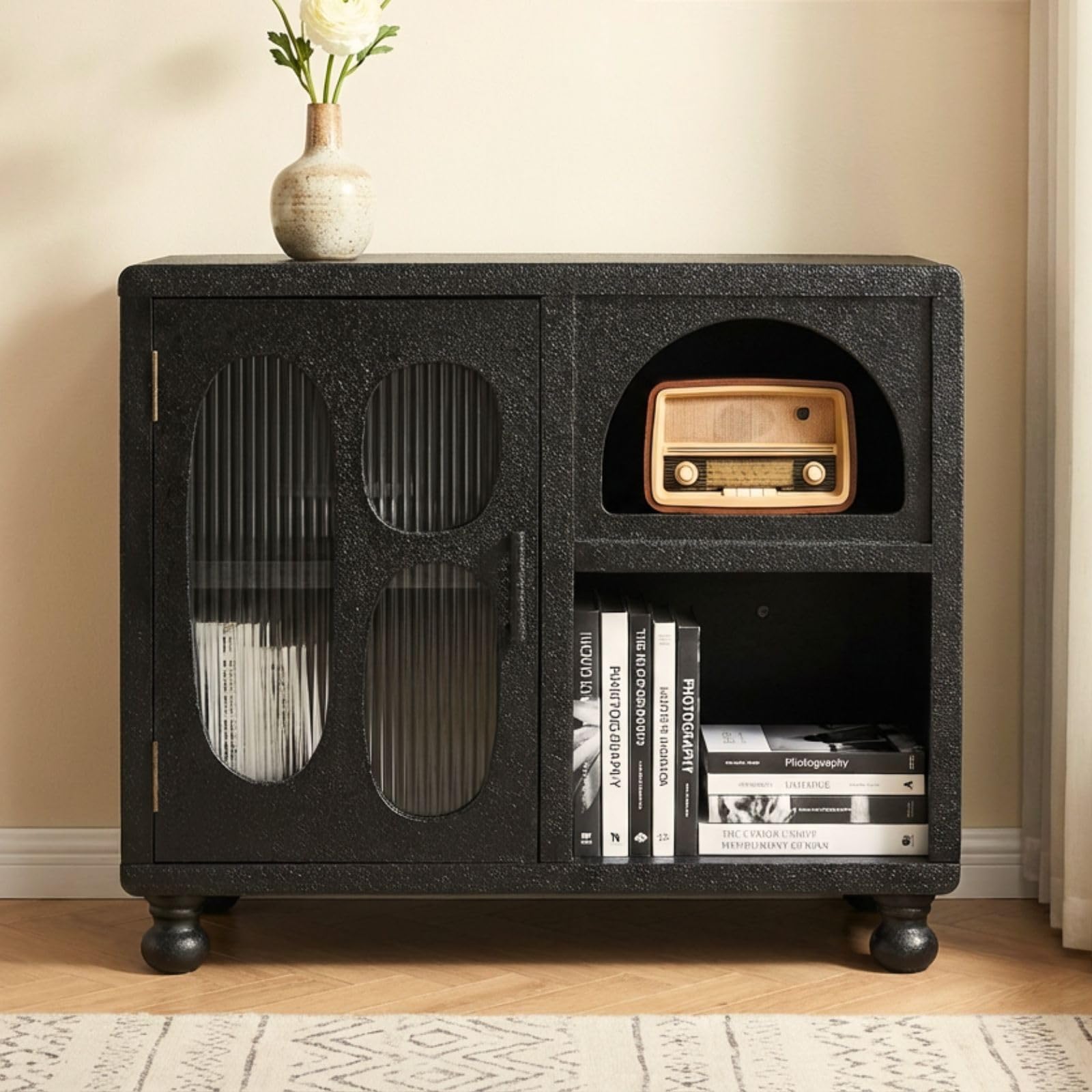 Ya-Home Armario Bajo de Almacenamiento Interior y Exterior 35X80X68cm, Aparador de Madera con 1 Puertas y 3 Comparticiónes Salon/Cocina/Dormitorio,Negro