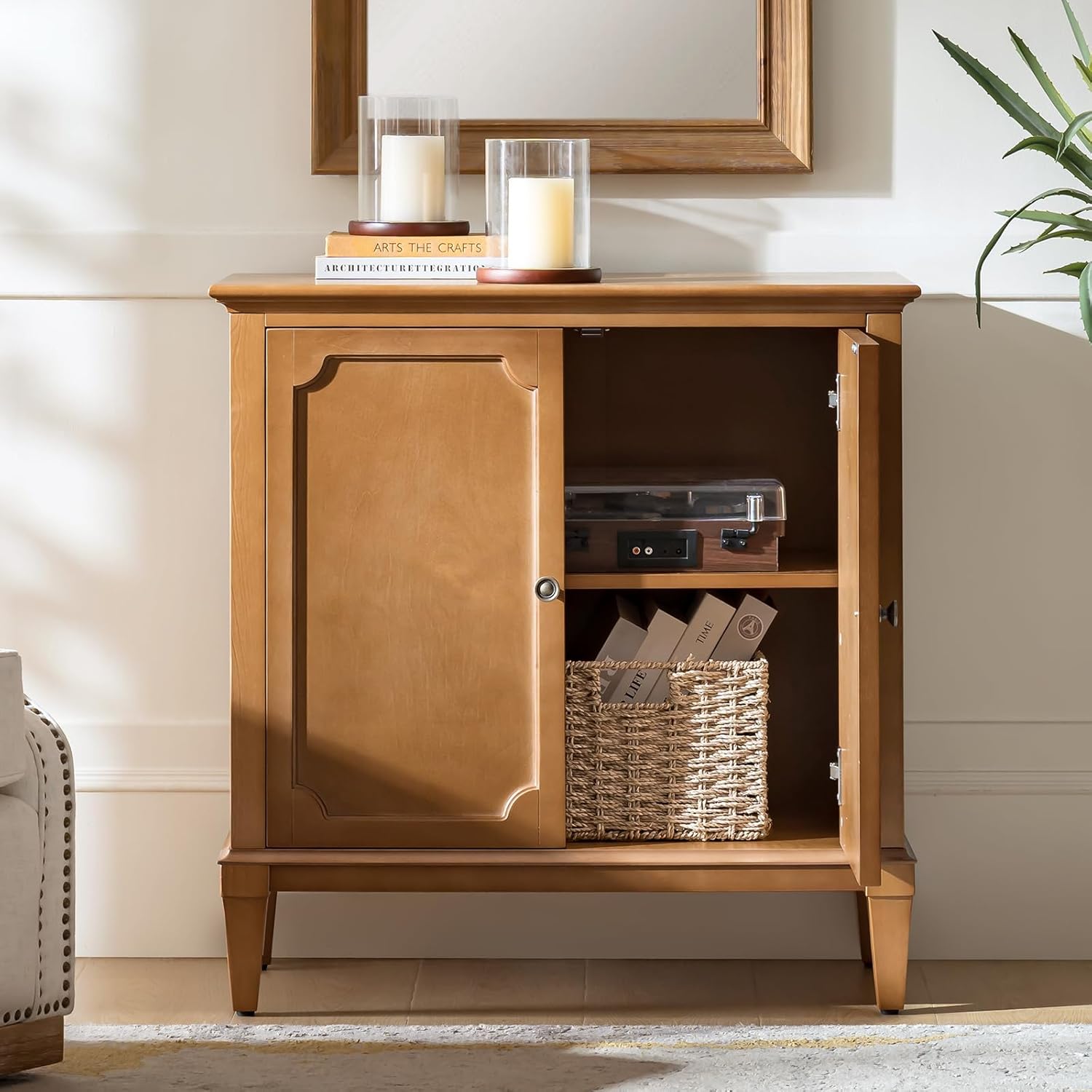HULALA HOME Storage Cabinet with Adjustable Shelf, 2-Door Accent Sideboard with Solid Wood Legs and Vintage Metal Handles, Matte Finish(Teak)