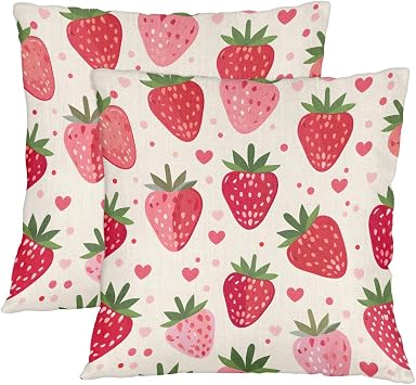 Watercolor Strawberry Heart Dots Linen Throw Pillow Covers 14X14 Inch Square Cushion Case Modern Home Decor Pillow Covers Set of 2 Decorative Pillowcase for Sofa Couch Bed Bedroom Pillow Cases