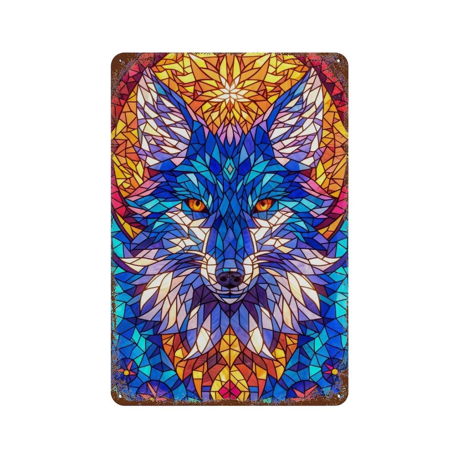 Wolf Stained Glass Rust Effect Tin Sign 11.8"x7.9", Retro Wall Decor for Pub, Kitchen And Man Cave Decor