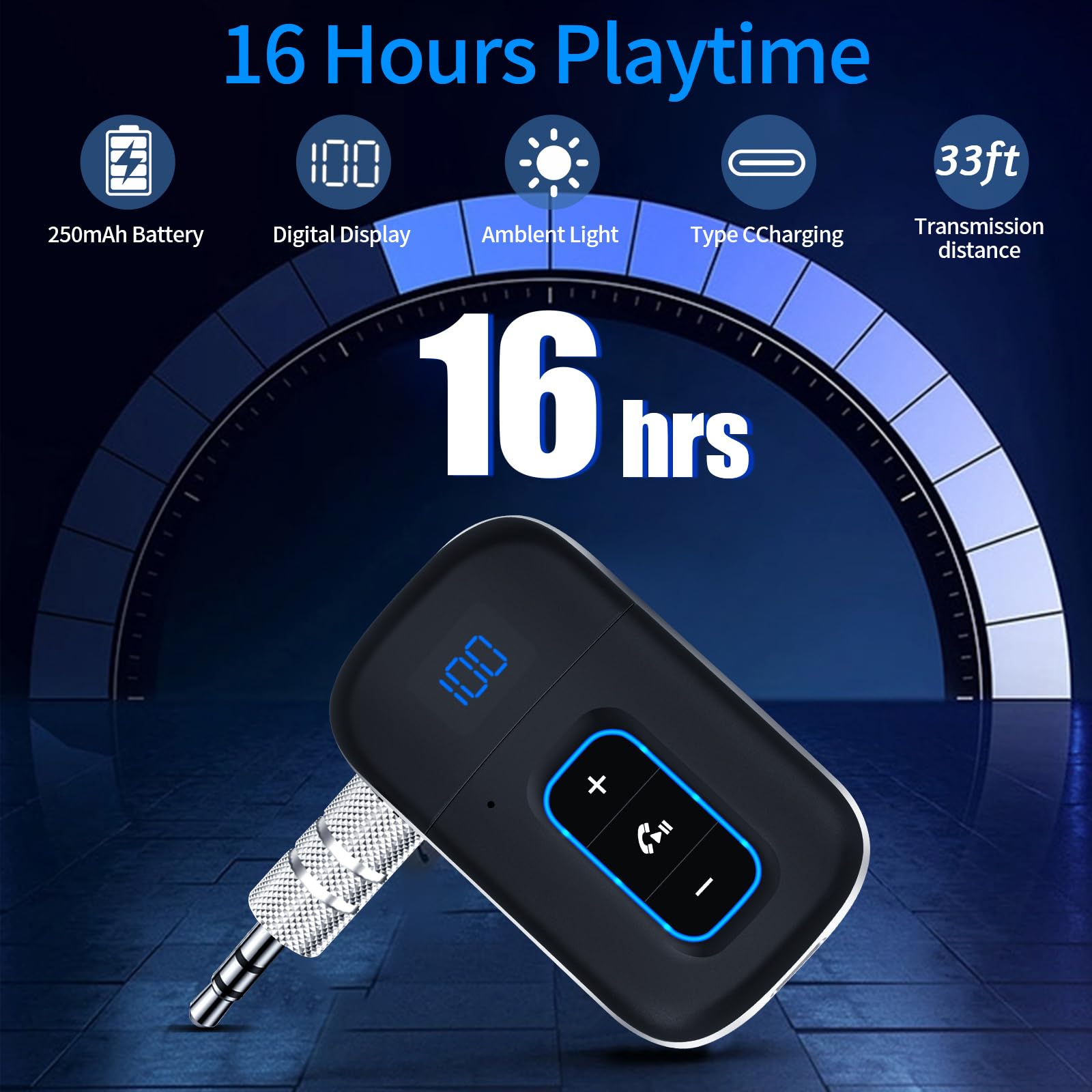Vemfay Récepteur Bluetooth Voiture Jack Adaptateur Aux Bluetooth 5.3 Recepteur pour Haut-Parleur/Stéréo Domestique, Prise Jack Bluetooth Voiture Appel Main Libre, Dual Connexion, 16H d'Autonomie