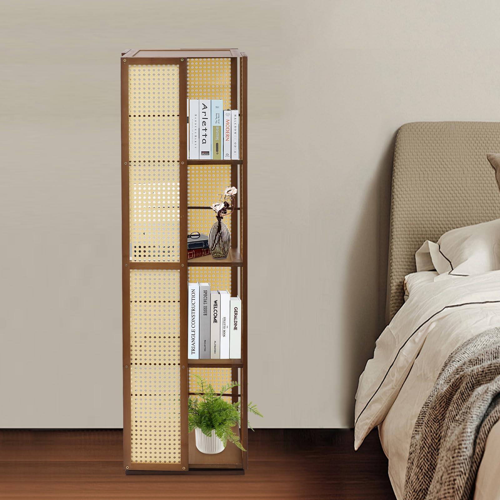 Estantería giratoria de 360° con placas perforadas, diseño de 4 niveles, distancia de 28,5 cm, bambú musgo, torre de libros, estantería giratoria de pie, salón, oficinas (marrón bronceado)