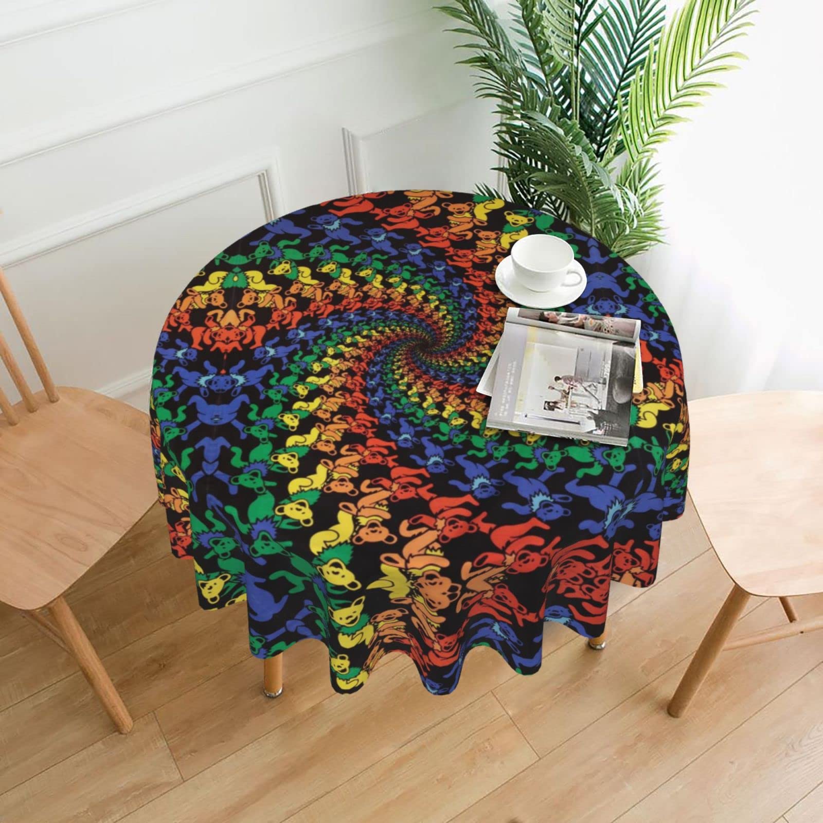 Lawenp Bear Dancing Tie Dye Decorative Round Table Cloths - 60 Inches in Diameter for Buffet Tables, Parties, Holiday Dinners.