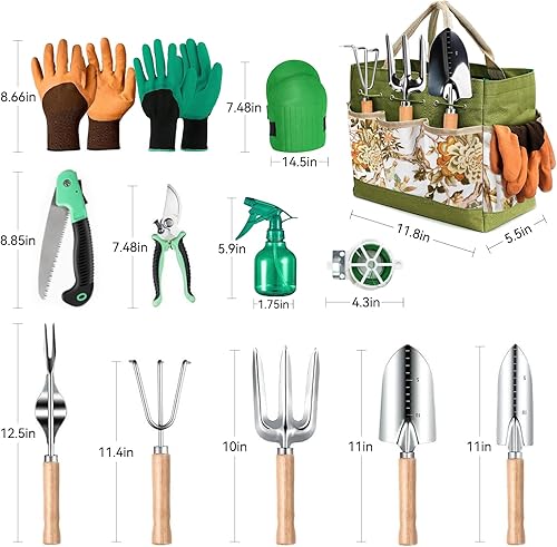 Miniatura 2 de Herramientas de jardinería 13 piezas de acero inoxidable resistente juego de herramientas de jardín con bolsa de almacenamiento, rodilleras, botella