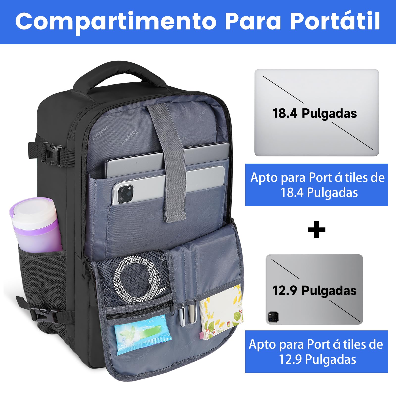 Taygeer Mochila Cabina 55x40x20, Mochila Viaje Cabina Equipaje de Mano | Bolsa para Zapatos Compartimento para Ordenador Portatil Multifuncional Impermeable para Negocios, Viajar, Trabajo