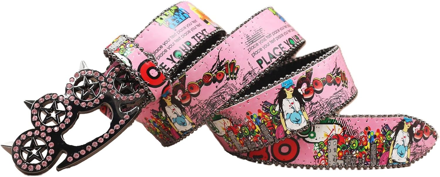 Hip Hop & Punk Graffiti Western Printed Pattern Studded Belt Cute Hollow Cat Paw Rhinestones Buckle Leather Strap