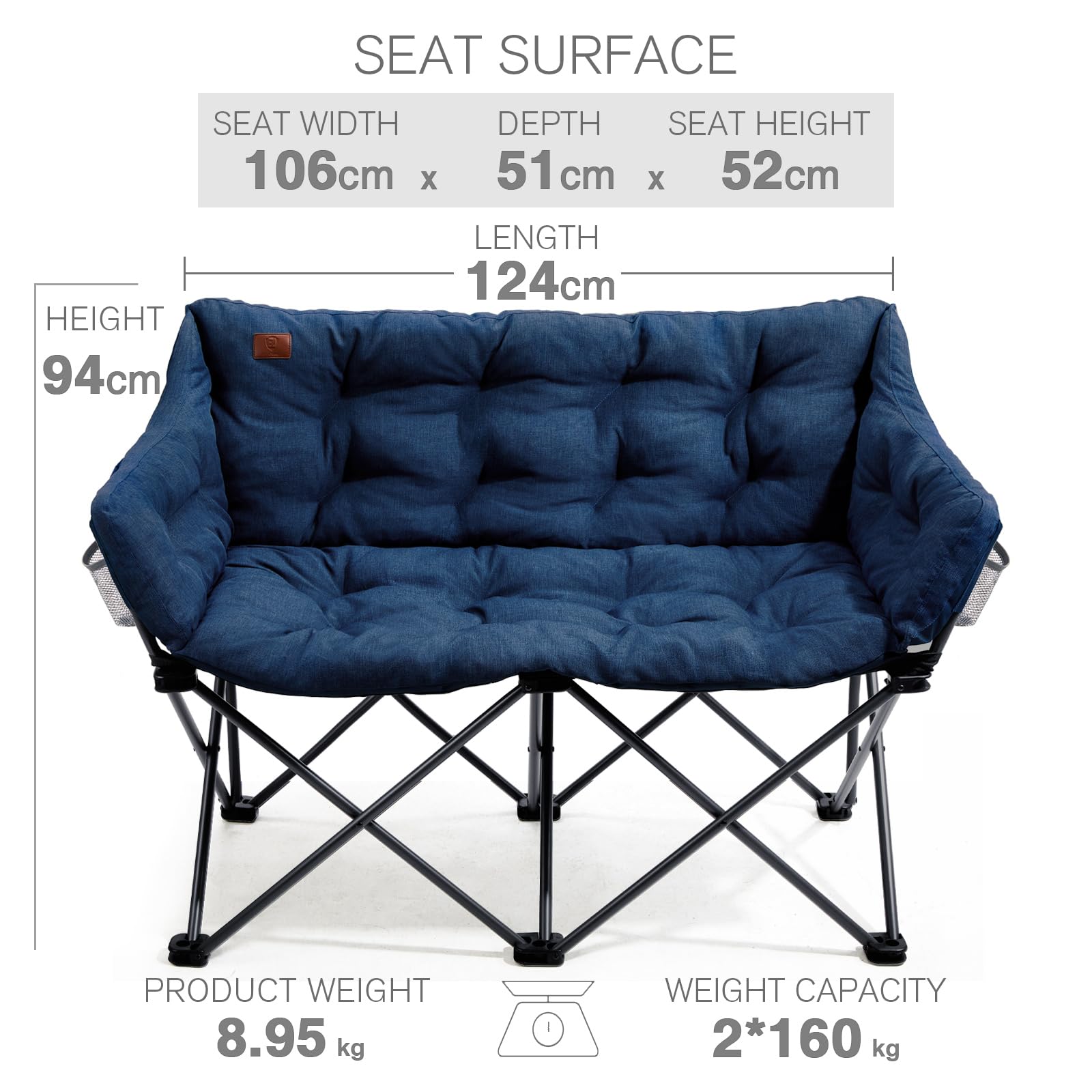 EVER ADVANCED Krzesło kempingowe, składane, szerokość 124 cm, sofa kempingowa dla 2 osób, składana sofa o obciążeniu 320 kg, grubo wyściełane, składane krzesło XXL, 2-osobowa, wysokie oparcie do
