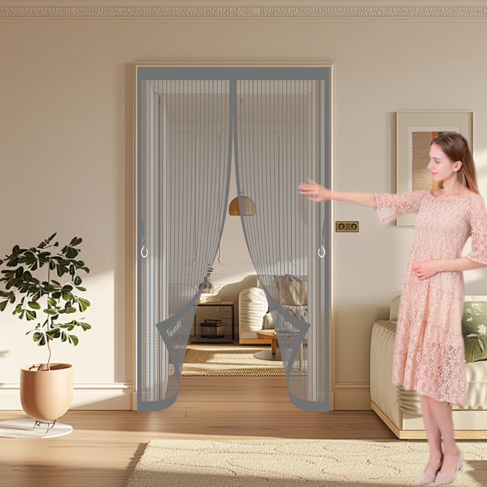 Xueqxue Grey Magnetic Screen Door 116 X 135 Cm Automatically Close, No Gap, Easy To Install Without Drilling, Keep Bugs Out Lets Fresh Air In Magnetic Fly Curtain For Patio Doors Bedroom,