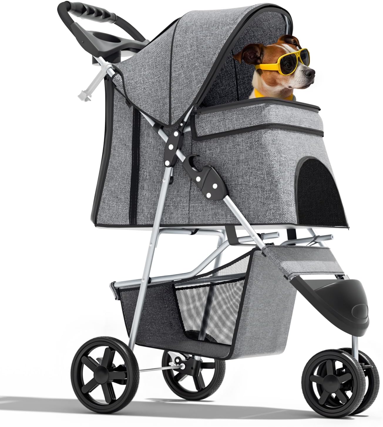 Magshion 3-Wheel Foldable Pet Stroller for Small Medium Dogs Cats Up to 33lbs - Lightweight Jogger with Mesh, Cup Holder, Storage Gray