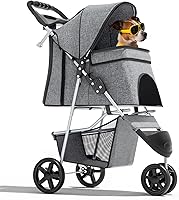 Magshion 3-Wheel Foldable Pet Stroller for Small Medium Dogs Cats Up to 33lbs - Lightweight Jogger with Mesh, Cup Holder, Storage Gray