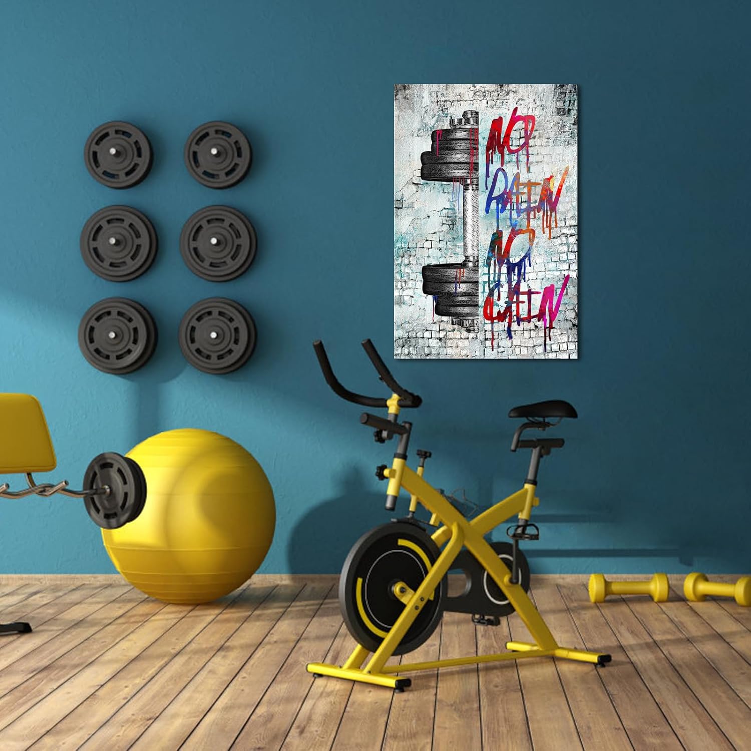 iHAPPYWALL Vintage Inspirational Fitness Quotes Wall Art No Pain No Gain Dumbbells Gym Sport Picture for Home Bodybuilding Room Bedroom Decor Ready to Hang 24x36inch (Grey) - Image 2