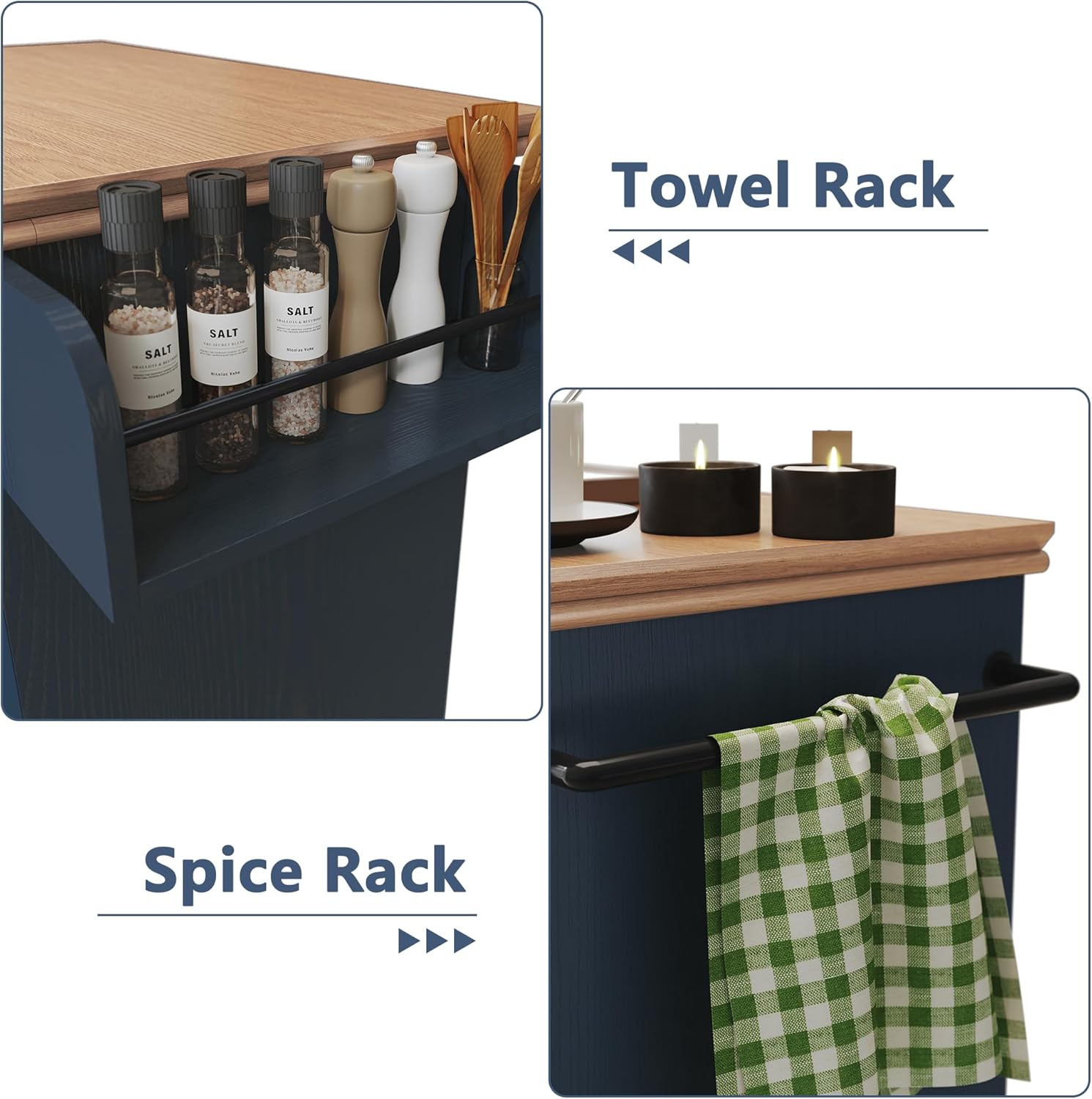 HLR 26'' Small Kitchen Island, Vintage Wood Rolling Kitchen Island Cart with Storage Cabinet and Drawer, Kitchen Cart on Wheels with Spice Rack & Towel Rack for Dining Room, Blue