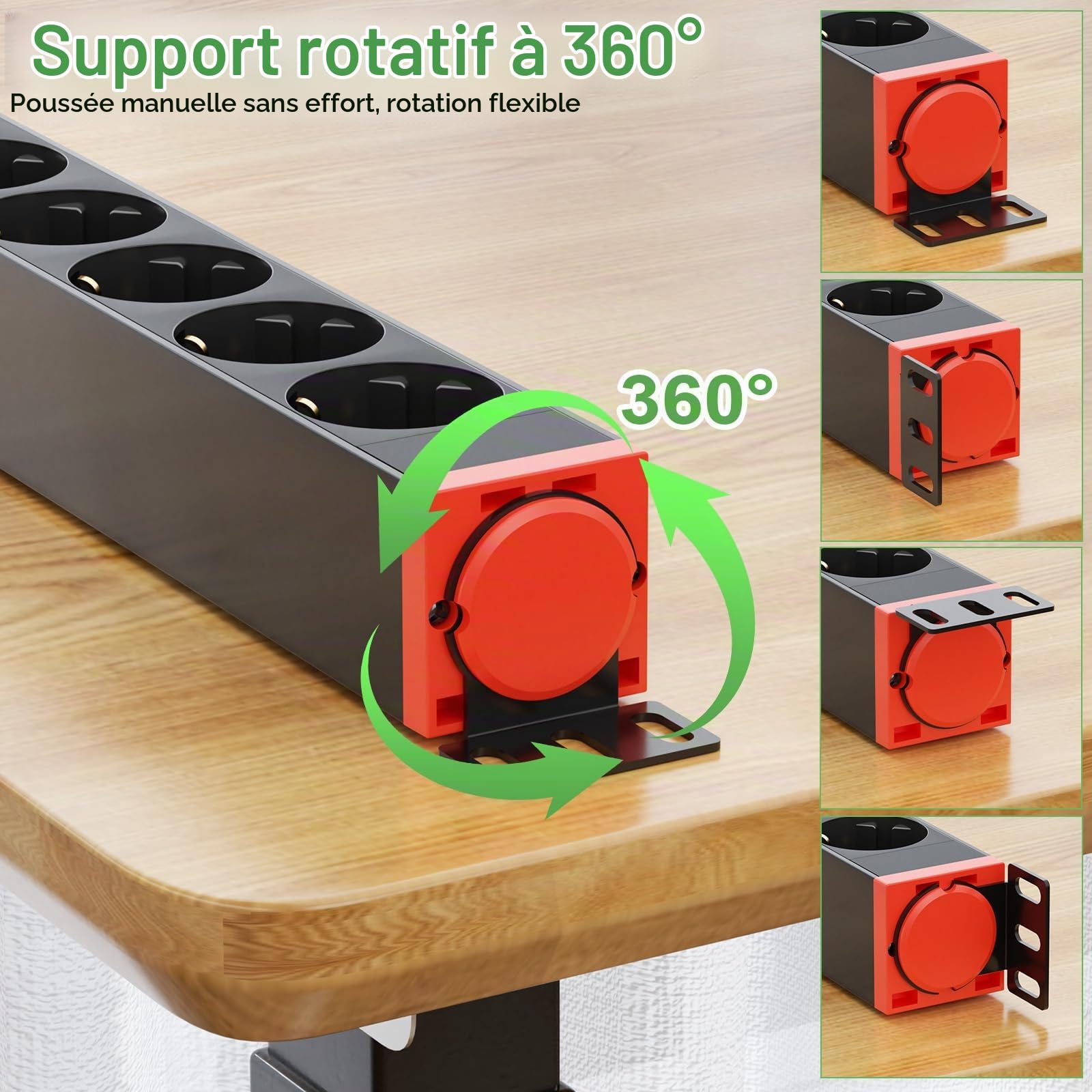 Multiprise Aluminium 10 Prises Parafoudre Surtension, Bloc Prise Murale avec Interrupteur, Rotation 360°, Cordon 1,8m, 4000W/16A, Noir, Maison & Bureau