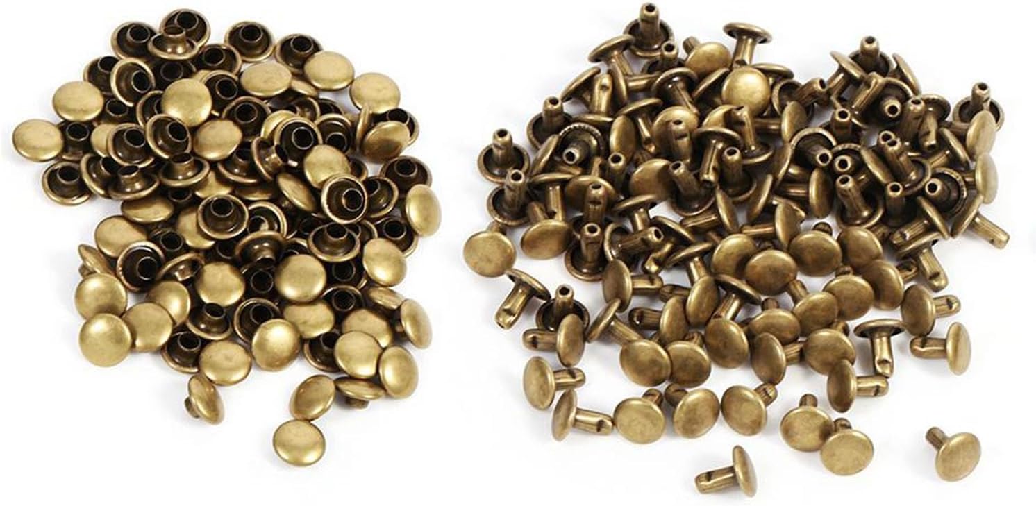 Double Rivets, 100 Set Metal Rivets 8 x 8mm Double Leather Metal Rivet Sewing Craft Rivets Flat Round Head Metal Rivet for LeatDIY Craft Accessories(Antique Brass)