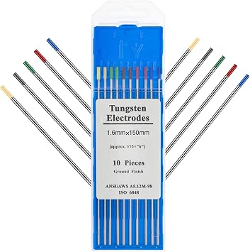 TIG Welding Tungsten Electrodes Mixed Packaging 1.6x150mm, 2 Pure Tungsten + 2% Celium Gray + 2 1.5% Lanterns Gold + 2 2% Lanterns Blue + 2 2% Thorium 10 Pack