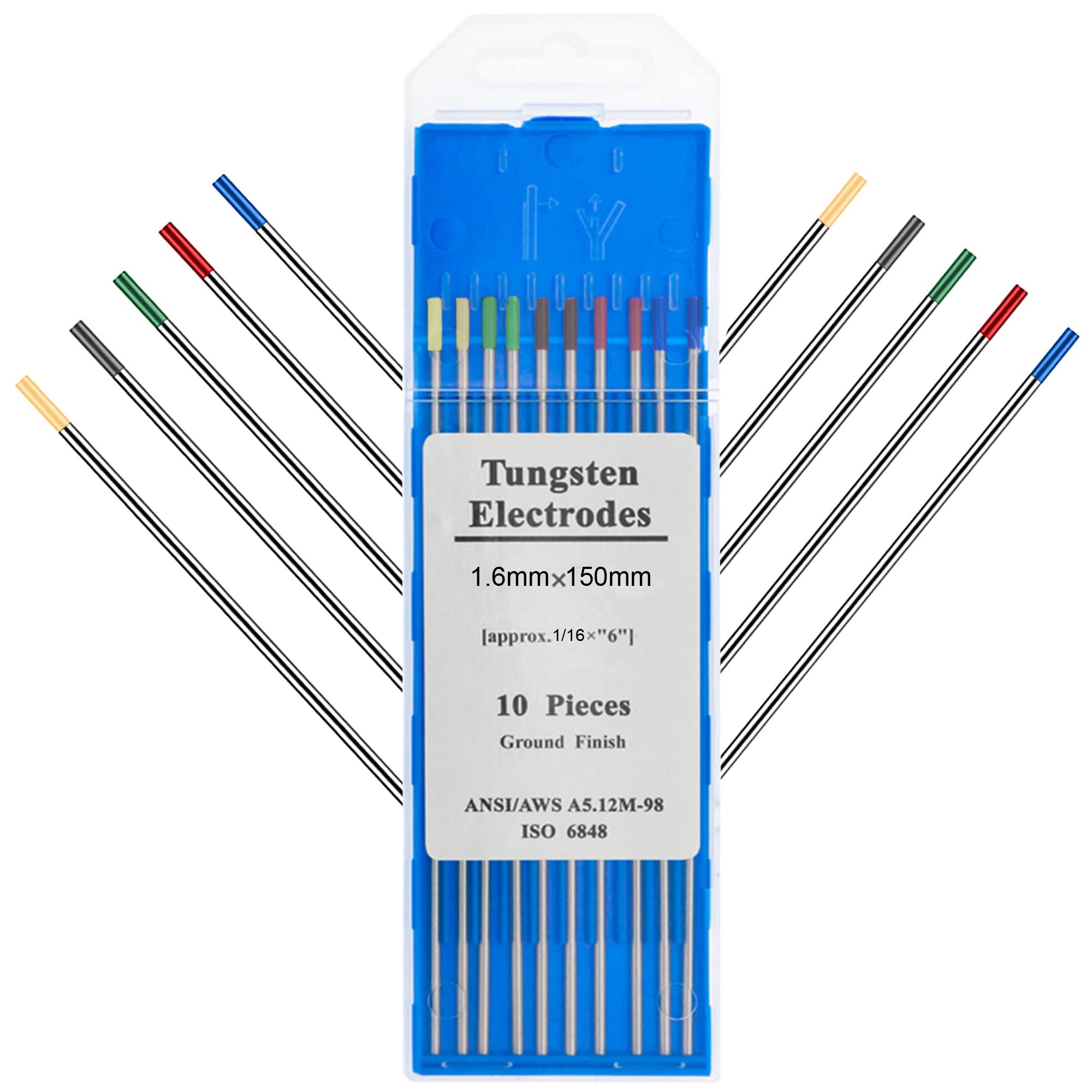 EATBALEEATBALE Tig Welding Tungsten Electrodes Mixed Pack 1.6 x 150 mm, 2 Pieces Pure Tungsten + 2 Pieces 2% Cerium (Grey) + 2 Pieces 1.5% Lanthanum (Gold) + 2 pcs 2% Lanthanum (Blue) + 2 pcs 2% Thorium Pack