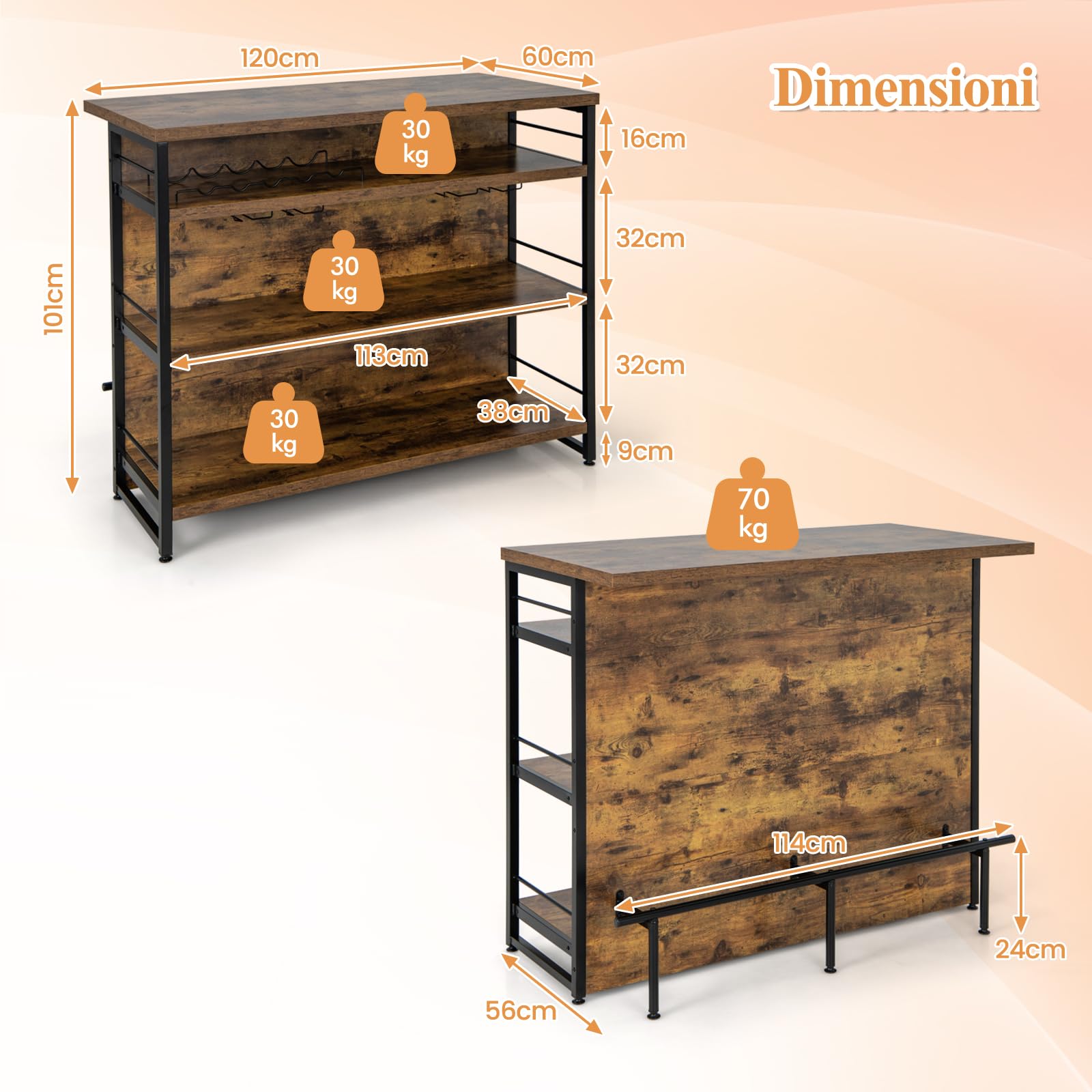 GYMAX Mobile Bar Industriale per Casa, Isola da Cucina a 4 Livelli con Ripiani, Portabottiglie, Porta Calici, con Poggiapiedi Lungo, Perfetto per Angolo Bar di Casa, Bar, Ristorante (Marrone)