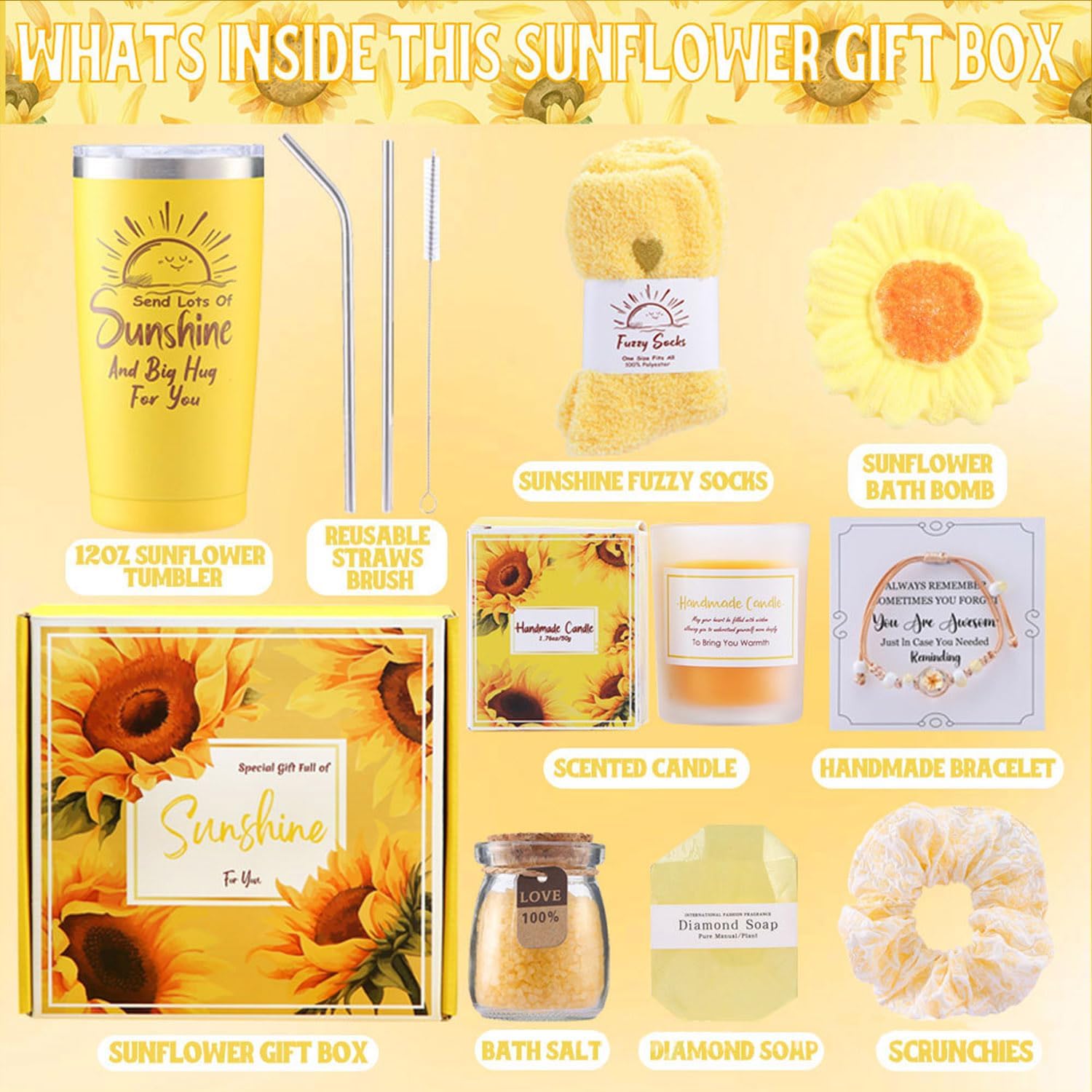 Regalos para mujeres, paquete de cuidado personal para mujeres, cestas de regalo de girasol de ganchillo para mujeres, cumpleaños, día de la madre, regalos únicos para enviar sol