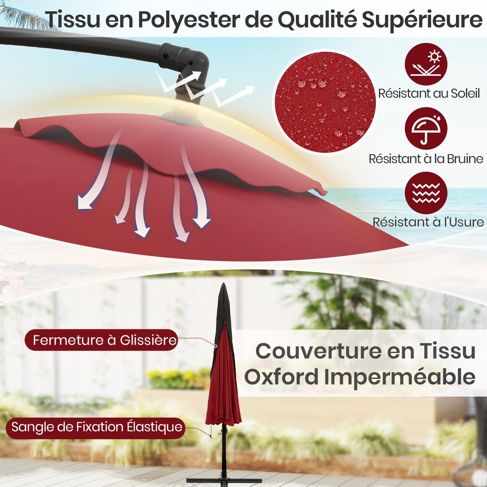 RELAX4LIFE Parasol Déporté Octogonal 305x250cm Rouge avec Housse