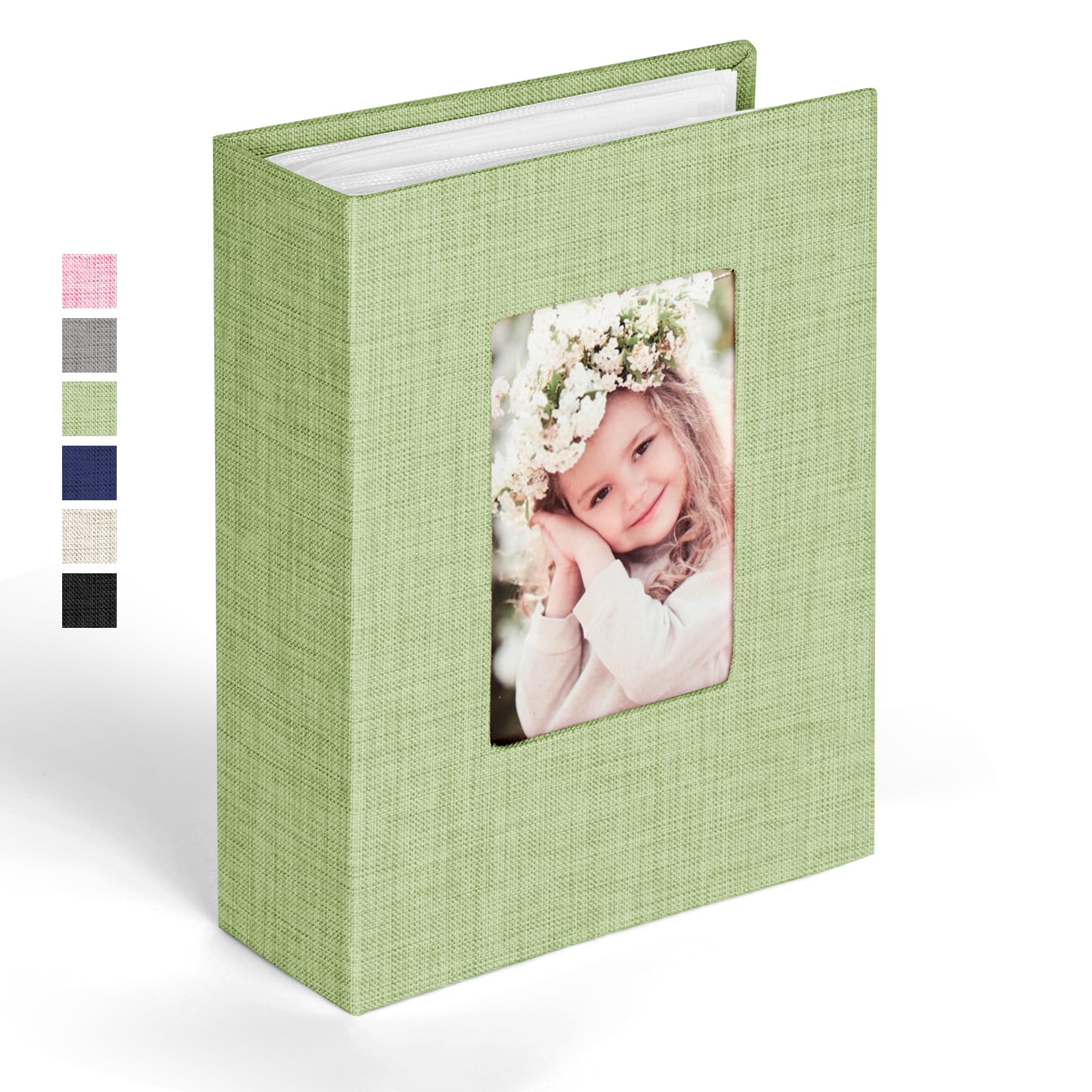 Ainiv Photo Albums 6x4 100 Pockets, Slip in Top Loading Mini Linen Album Book, Large Capacity Picture Albums with Personalized Cover Window for Wedding Anniversary Family Baby Vacation (Light Green)