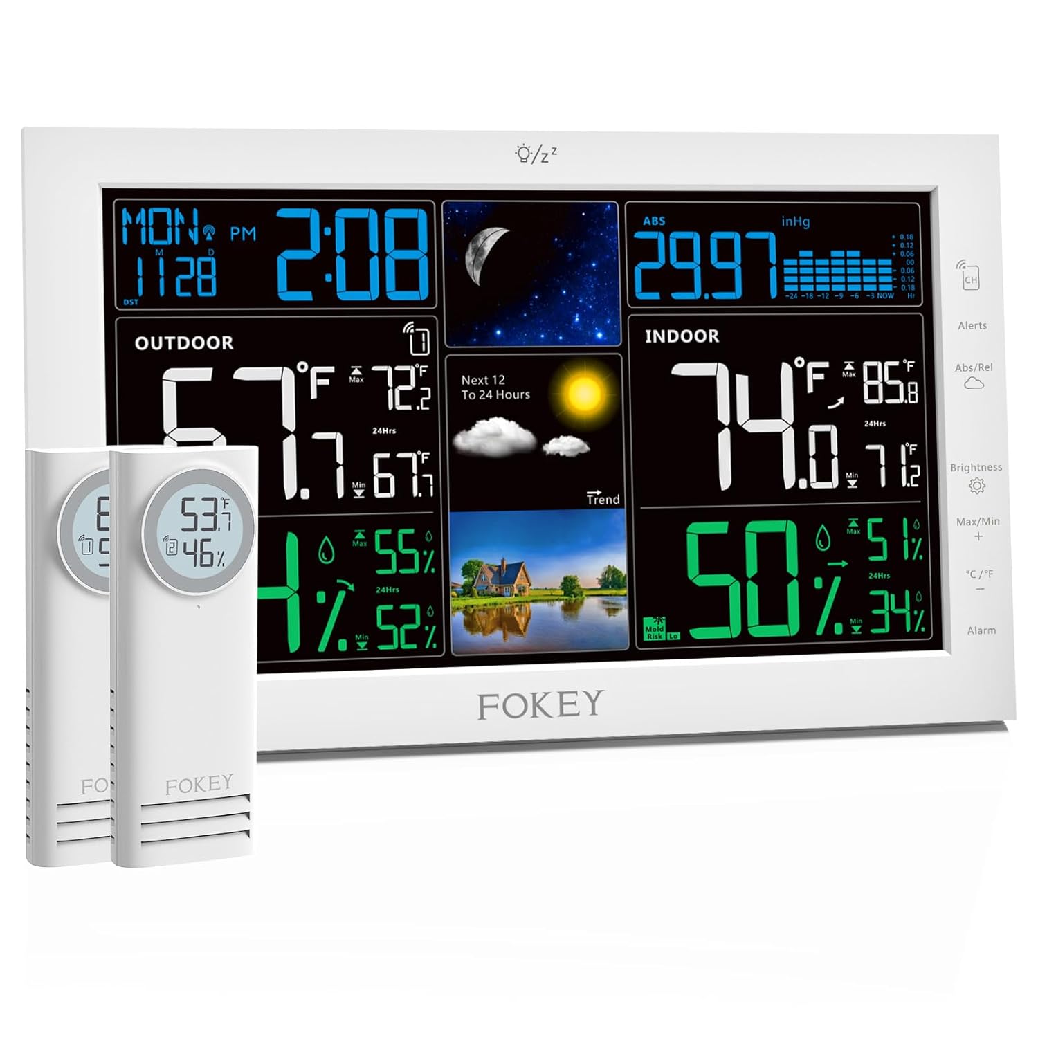Weather Station Wireless Indoor Outdoor, Indoor Outdoor Thermometer Wireless, Home Atomic Clock Weather Stations, Digital Temperature Humidity Barometer Inside Outside Thermometers, White+2 Sens
